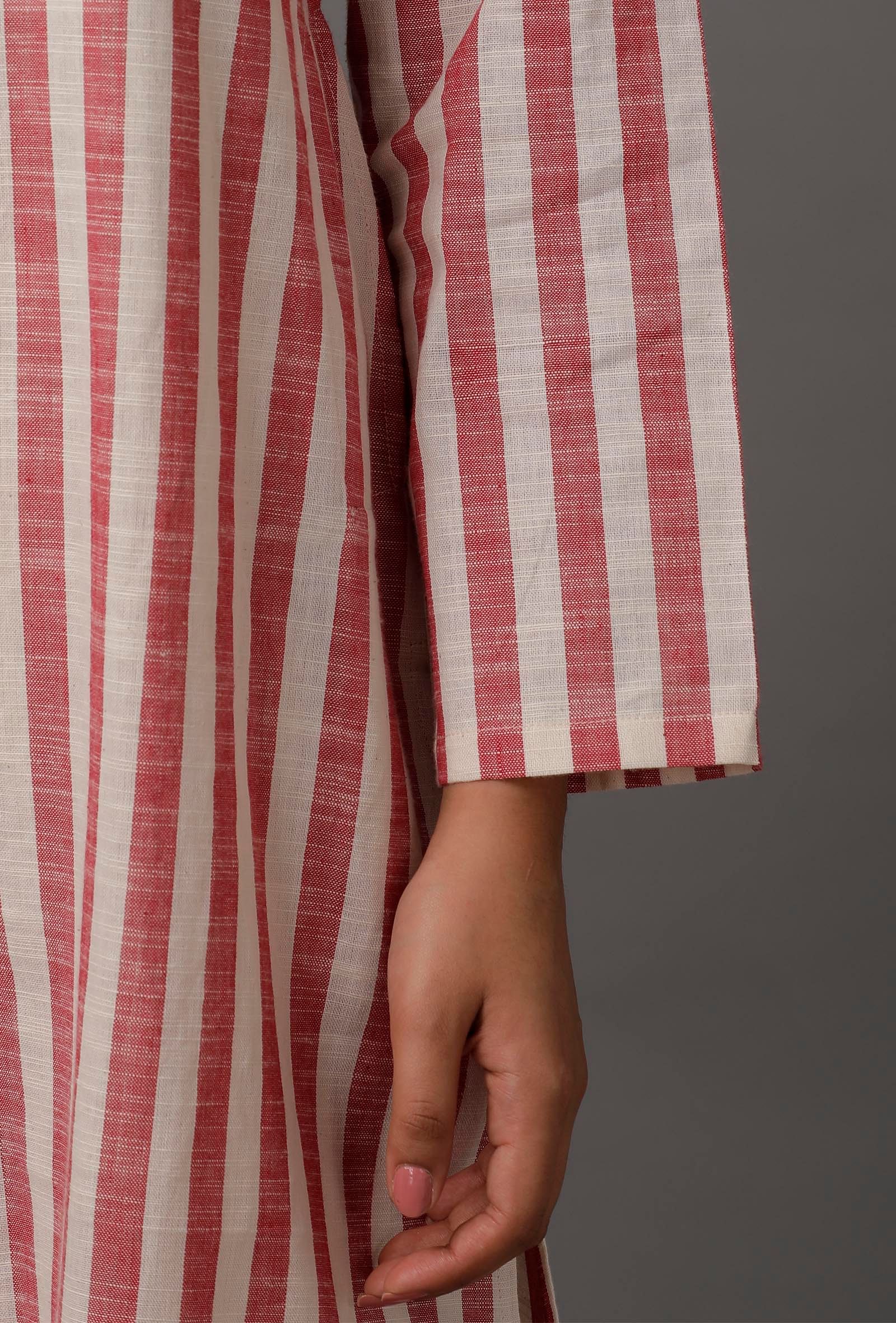 Peach  Red and White Stripes Pure Woven Cotton Kurta - Image 6