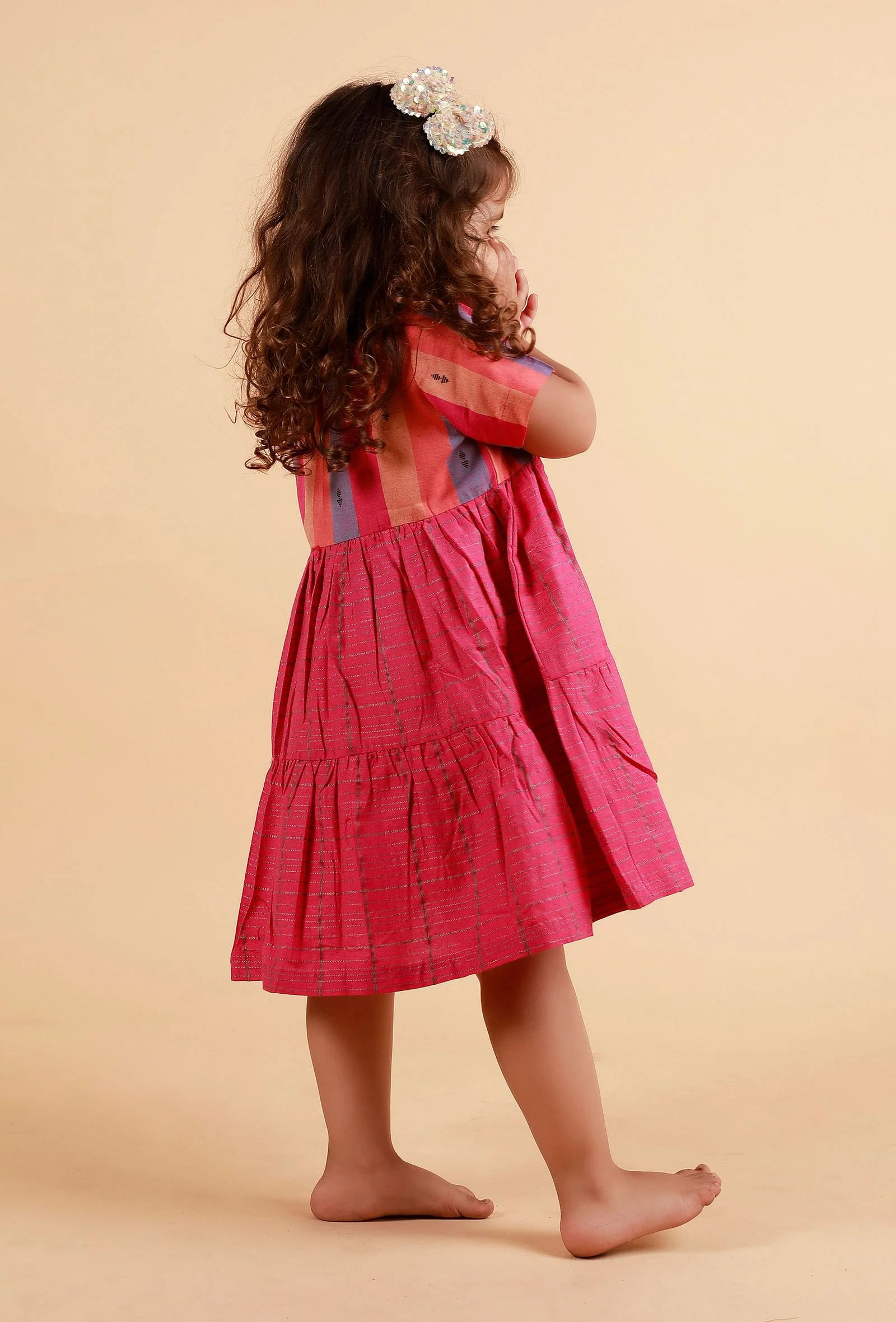 Pink Striped With Checked Flared Woven Dress - Image 3