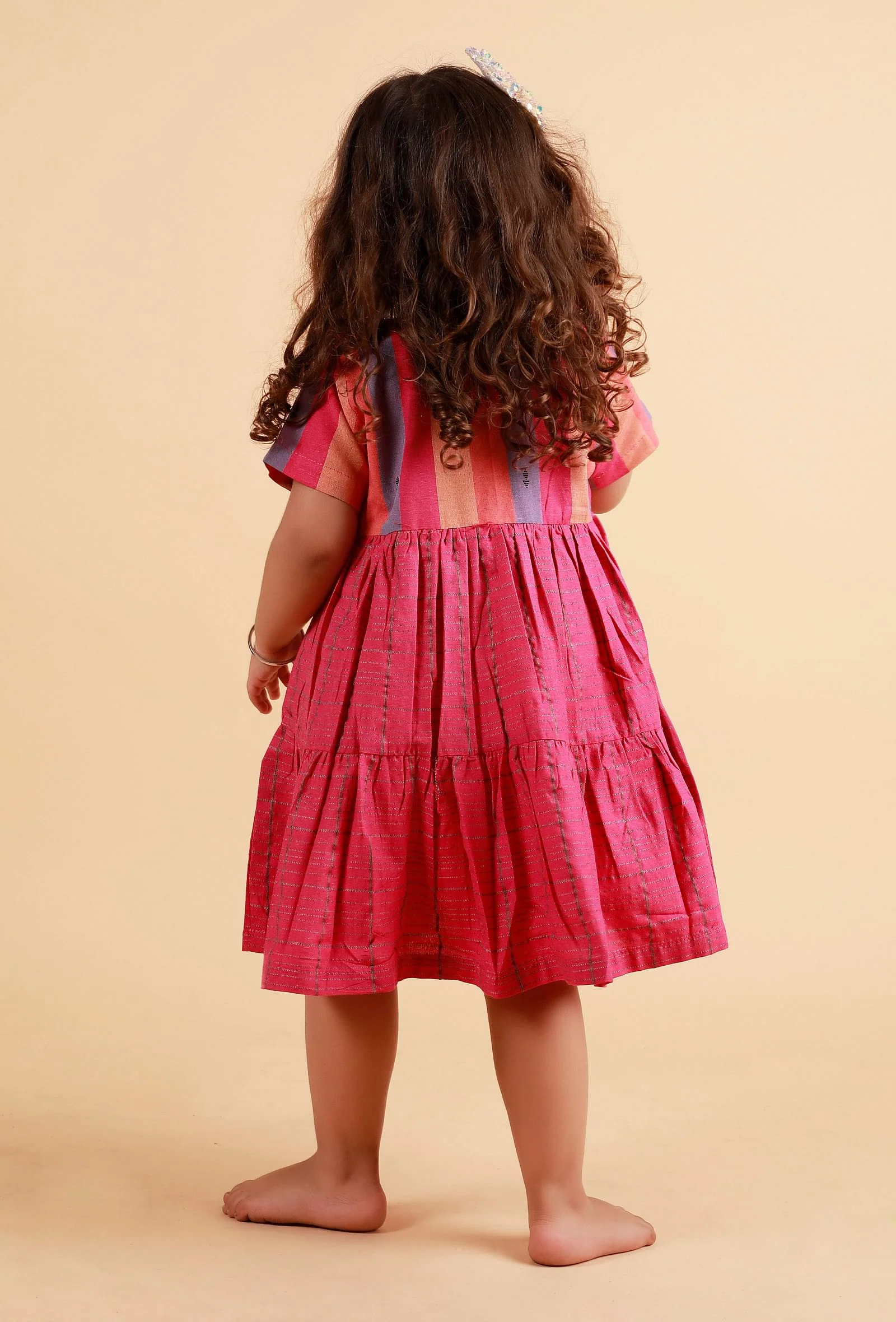 Pink Striped With Checked Flared Woven Dress - Image 4