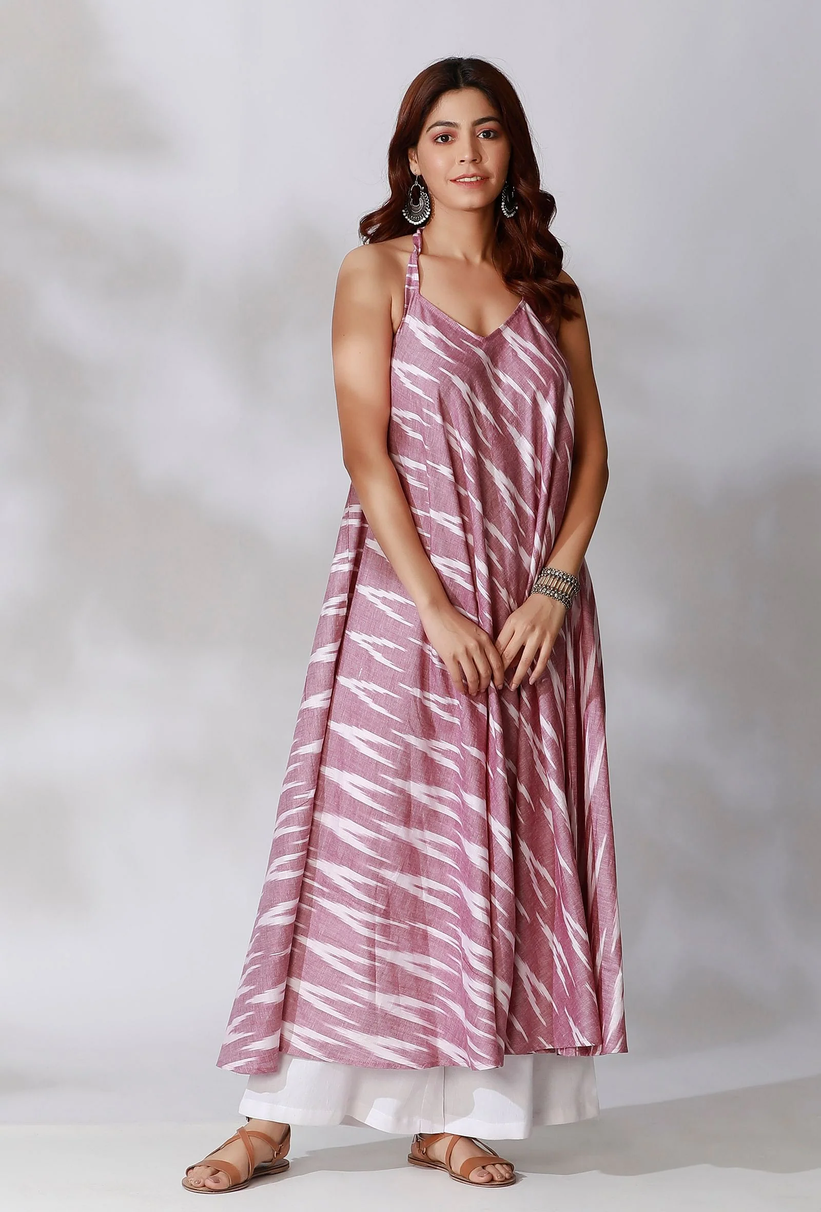 Purple Halter V-Neck Ikkat Flared Kurta With Backless Back - Image 3