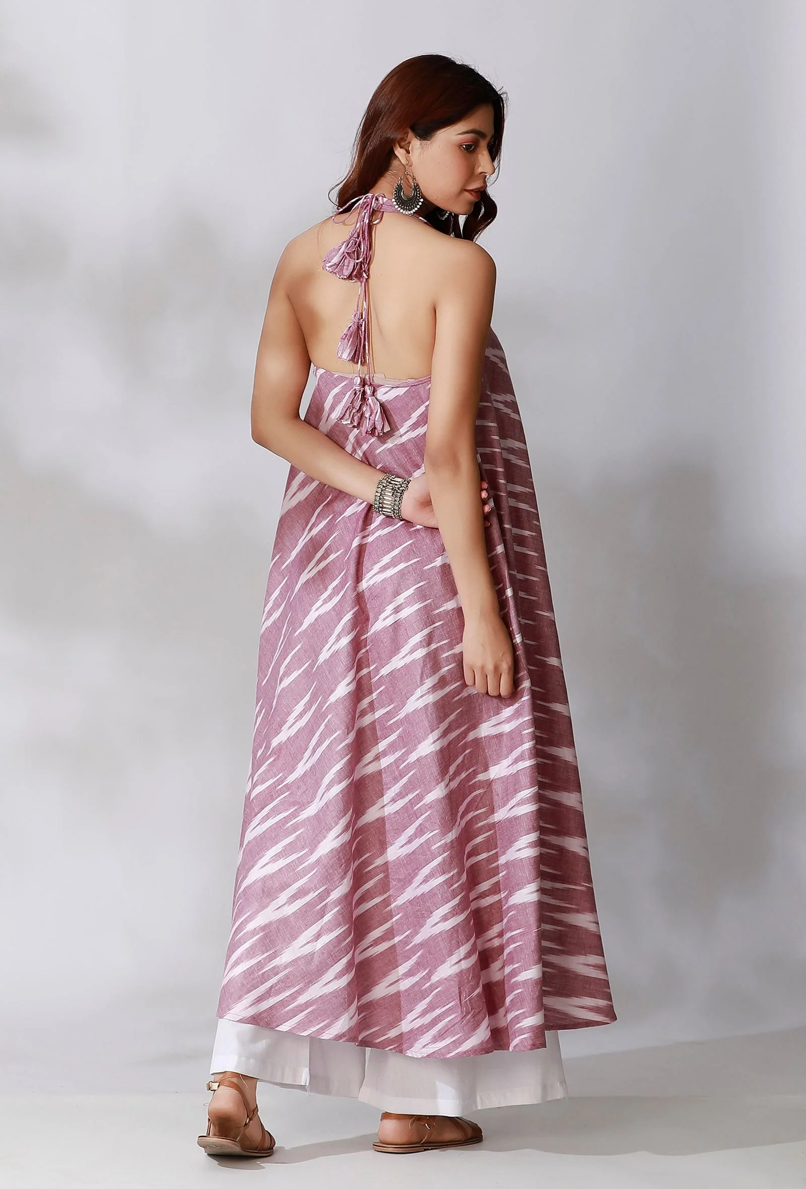 Purple Halter V-Neck Ikkat Flared Kurta With Backless Back - Image 4