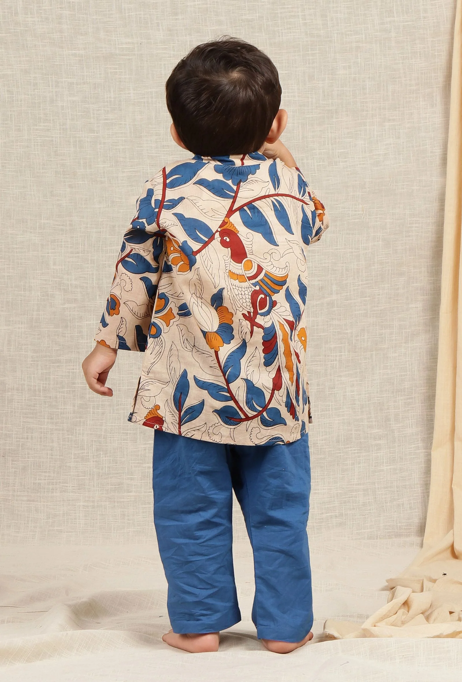 Set Of 2: Aaron Beige Cream Kalamkari Printed Cotton Kurta & Blue Pyjama - Image 3