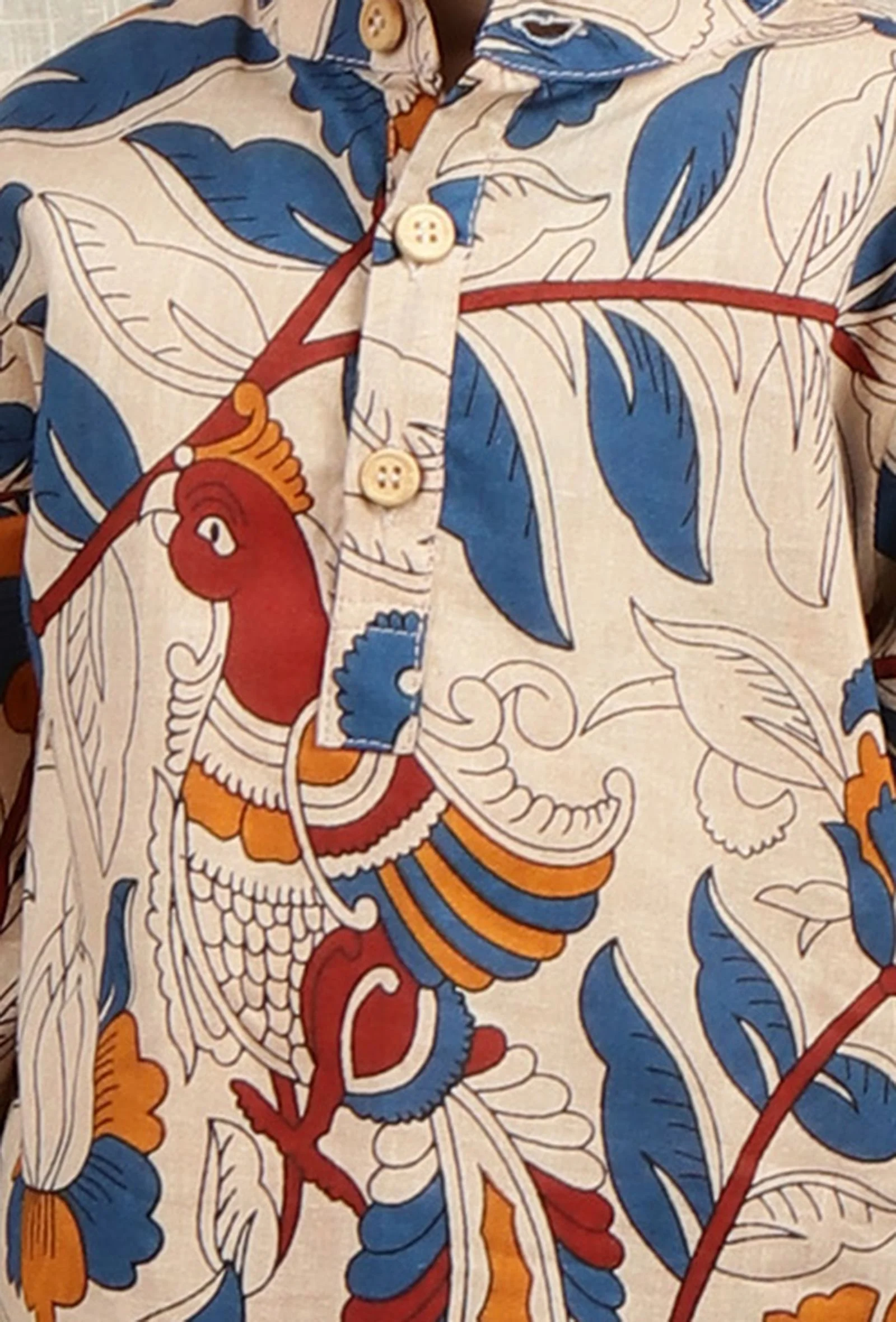 Set Of 2: Aaron Beige Cream Kalamkari Printed Cotton Kurta & Blue Pyjama - Image 4