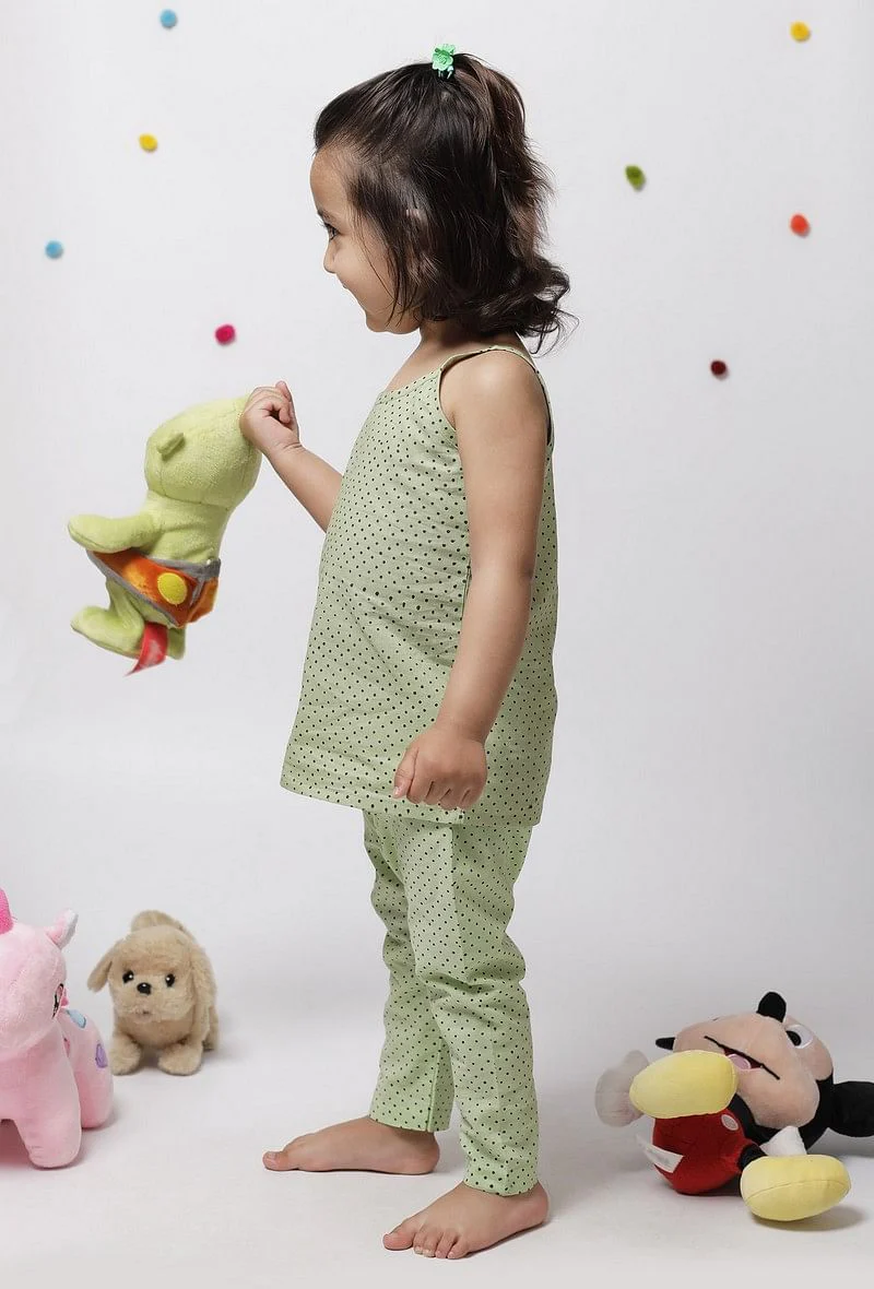 Set of 2: Aileana Green Cotton Handblock Printed Polka Dots Slip and Polka Dot Handblock Cotton Elastic Pants - Image 3