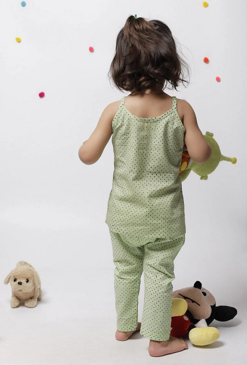 Set of 2: Aileana Green Cotton Handblock Printed Polka Dots Slip and Polka Dot Handblock Cotton Elastic Pants - Image 4