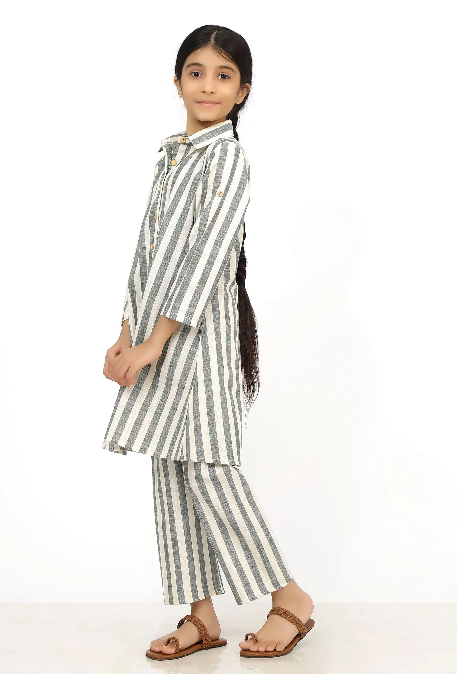 Set of 2: Irish Grey and White Stripes Cotton Belted Kurti with Pants - Image 3