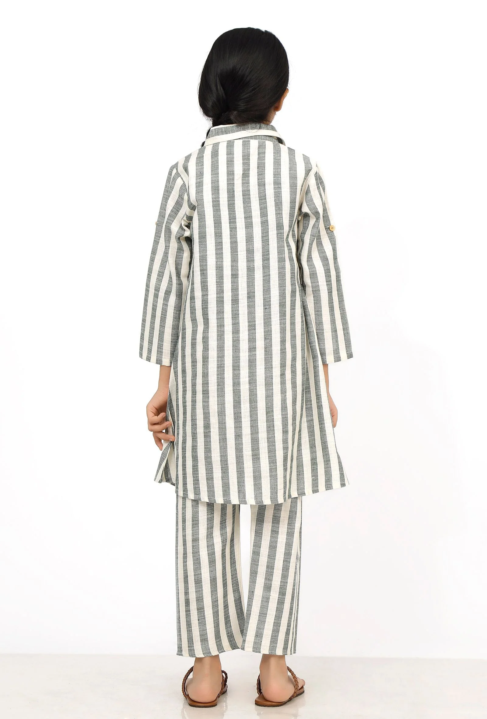 Set of 2: Irish Grey and White Stripes Cotton Belted Kurti with Pants - Image 4