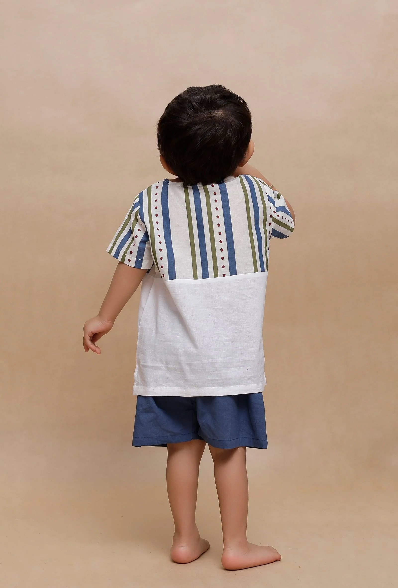 Set of 2: Off-White Multi Color Striped t Shirt and Blue Short - Image 3