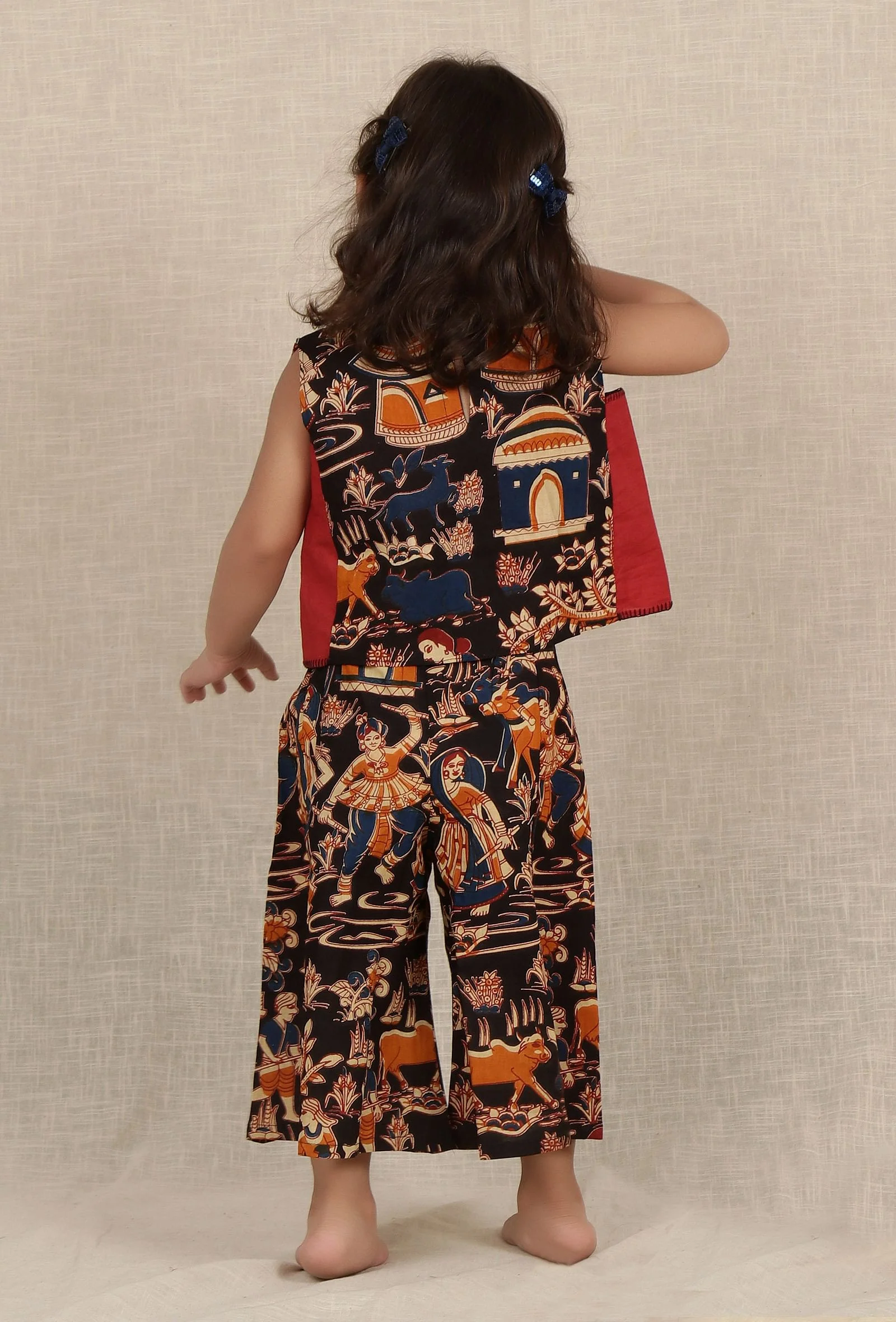 Set Of 2: Oorja Black Kalamkari Short Cotton Top & Palazzo Pant - Image 3