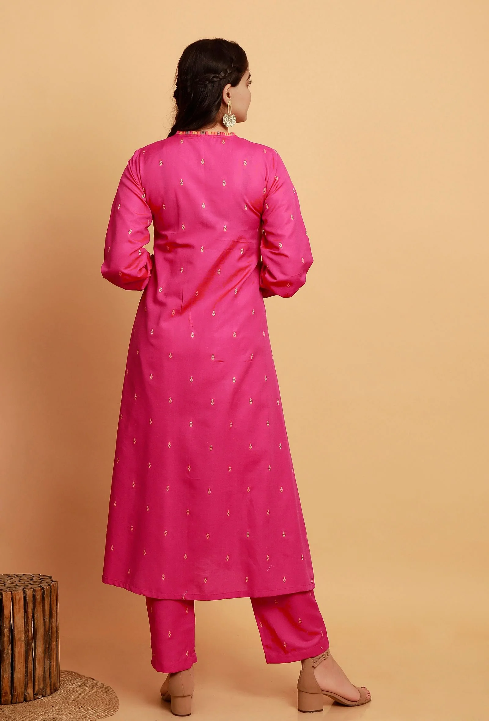 Set of 2:  Pink  A-line Woven Kurta with Pink Woven Straight Pants - Image 4