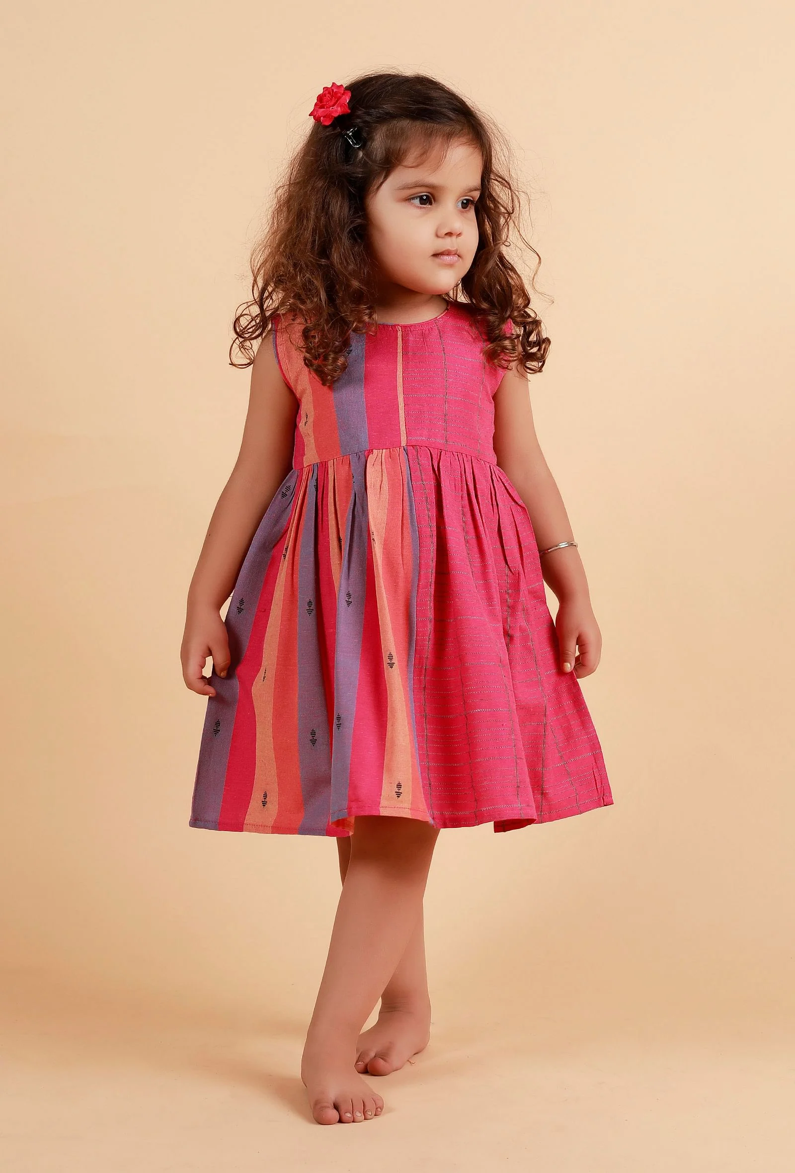 Pink Multicolor Stripe Flared Woven Dress - Image 3