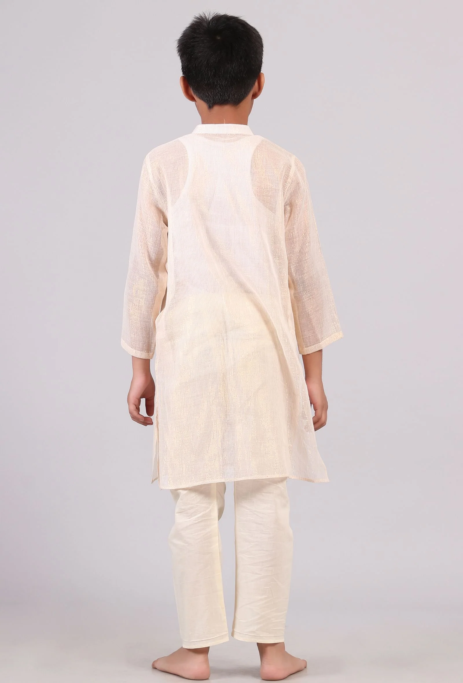 Set Of 2: Plain White Silver Cotton Stripes Kurta Pyjama Set - Image 4