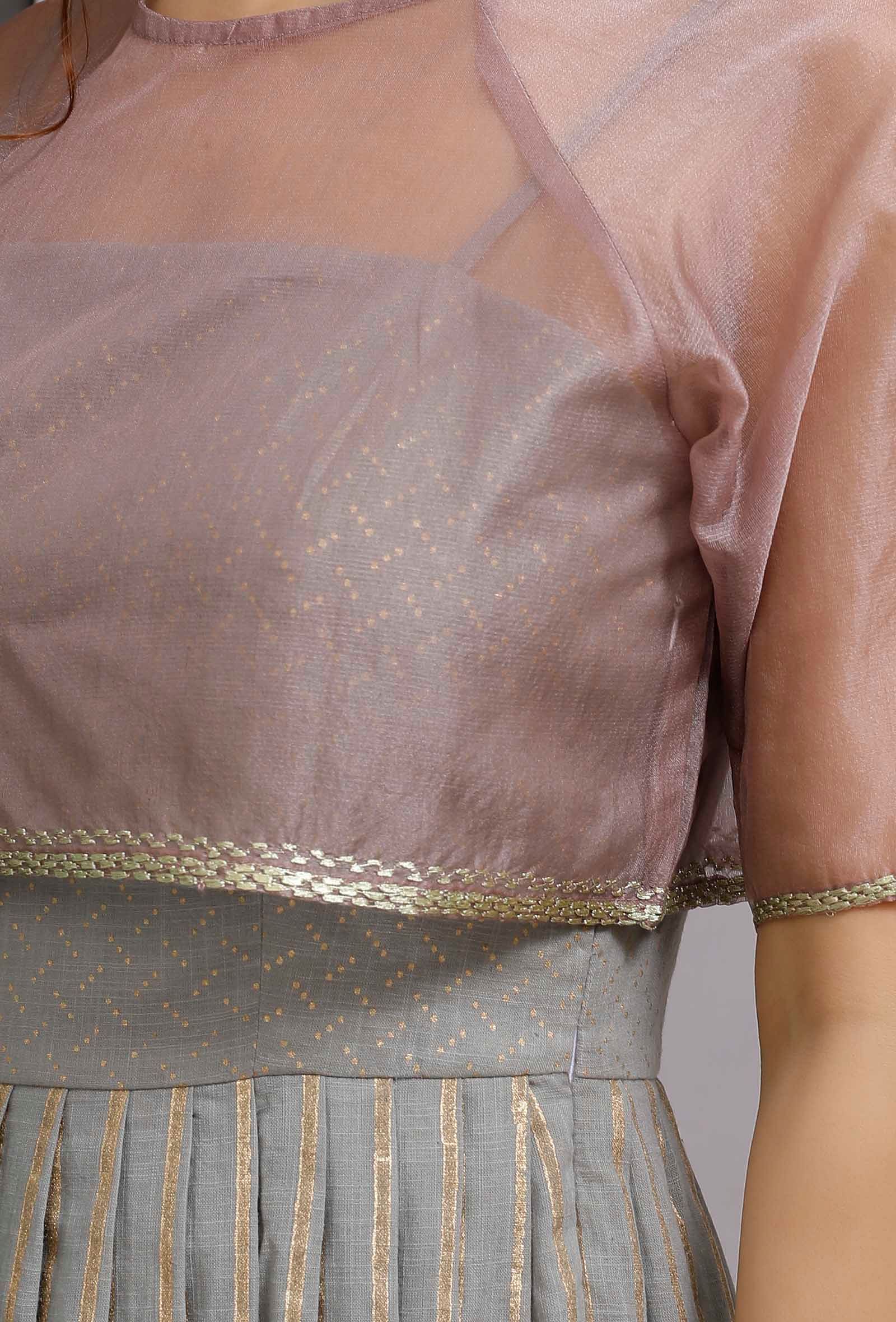 Set Of 2: Plum Organza Embroidered Blouse With Strappy Grey Block Printed Pleated Dress - Image 6