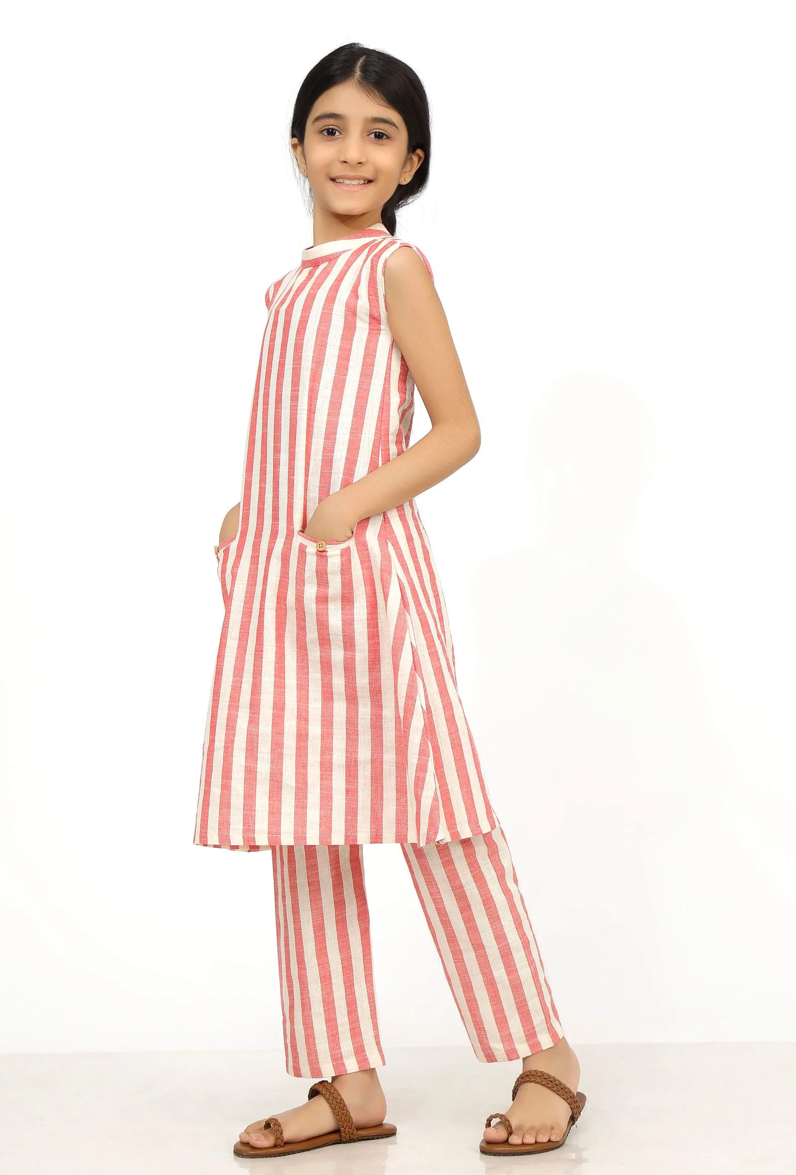 Set of 2: Scarlet Red Stripes Cotton Kurti with Pants - Image 3