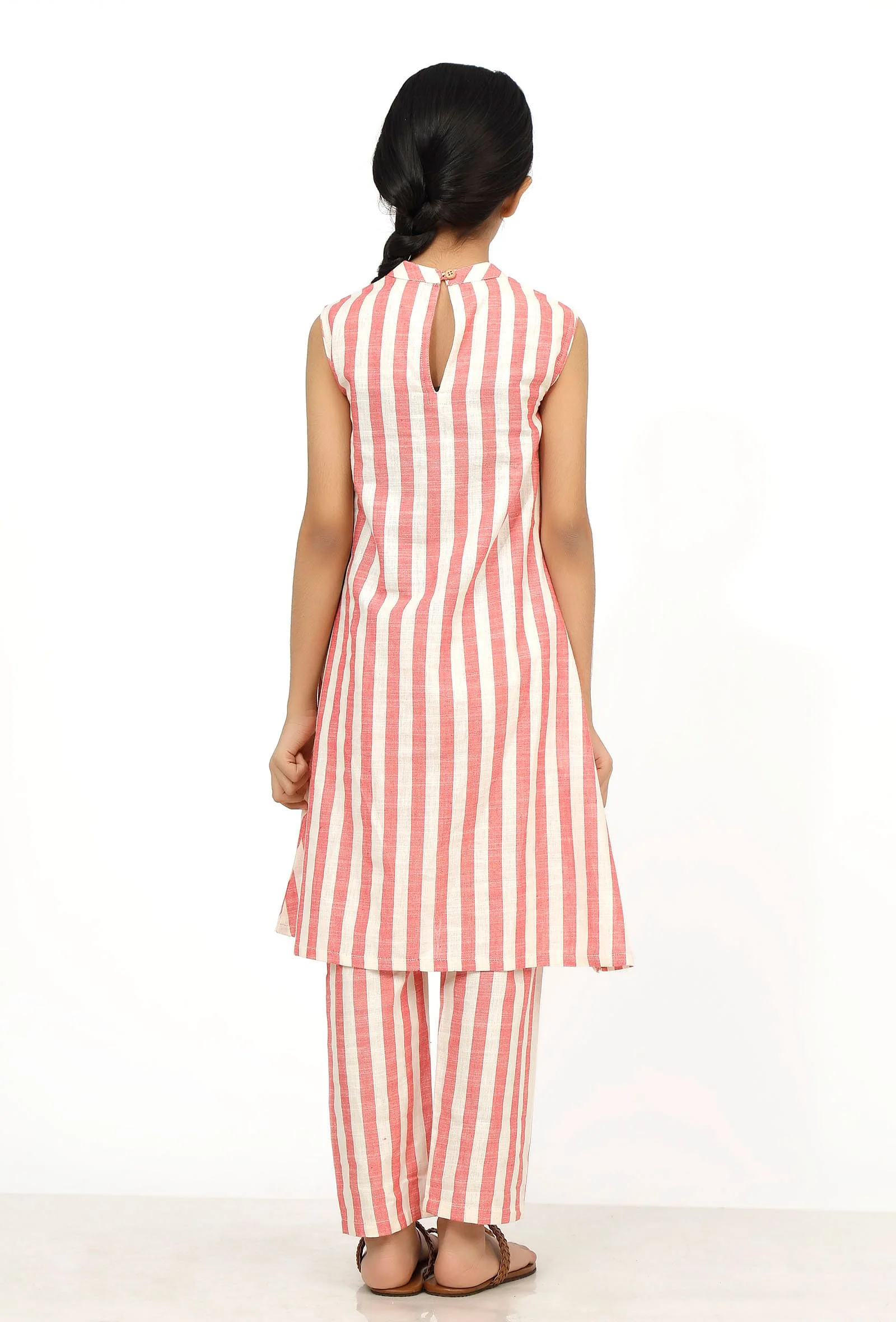 Set of 2: Scarlet Red Stripes Cotton Kurti with Pants - Image 4