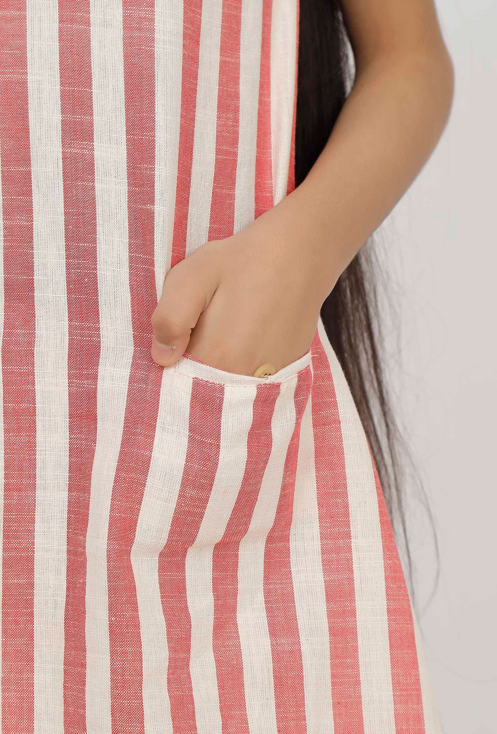 Set of 2: Scarlet Red Stripes Cotton Kurti with Pants - Image 5