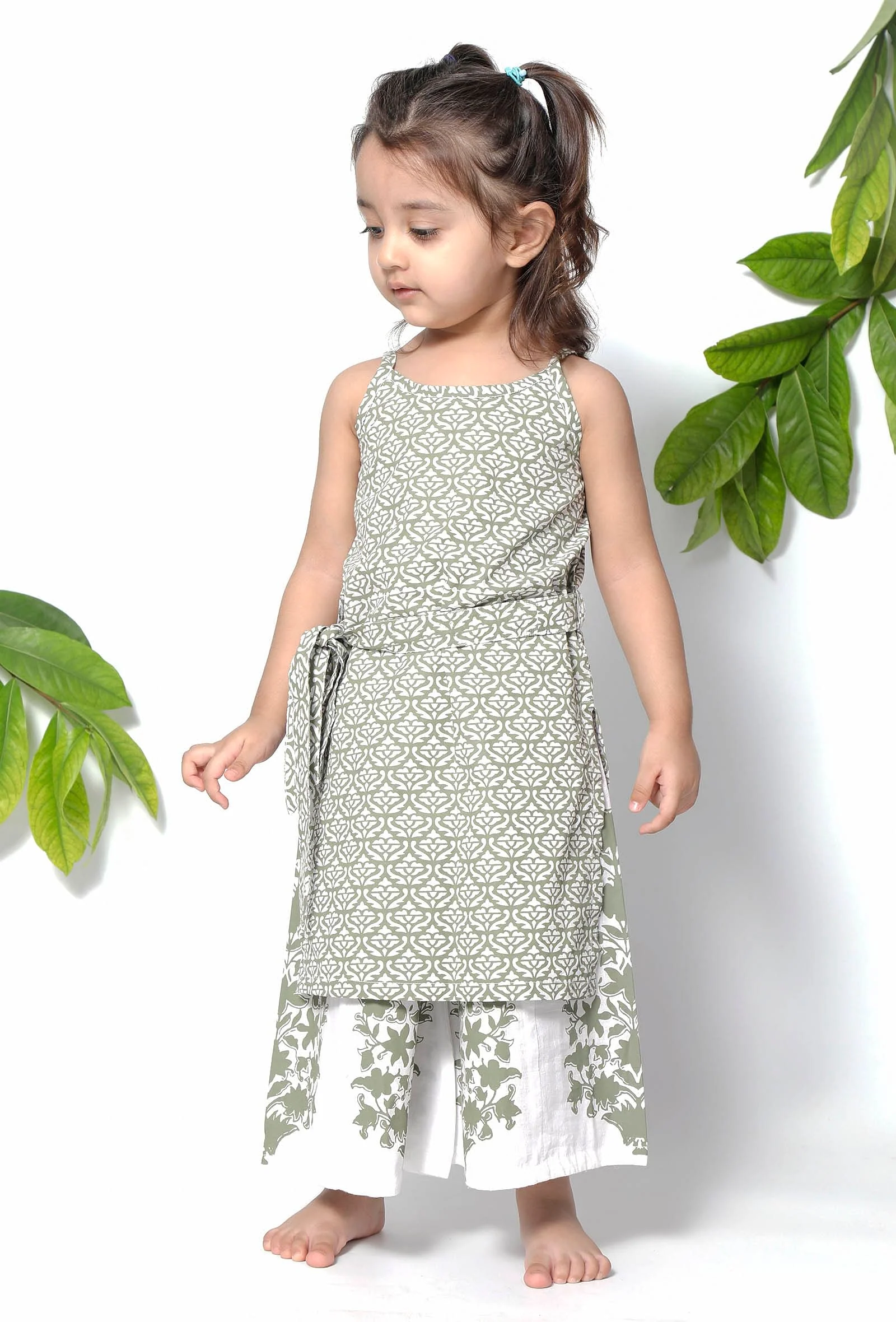 Set of 2 - Tiana Sea Green Handblock Cotton Floral Pallazo and Suit Set - Image 3