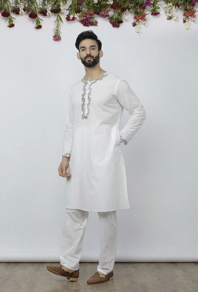 Set of 2: White Cotton Block Print Kurta and Salwar - Image 3