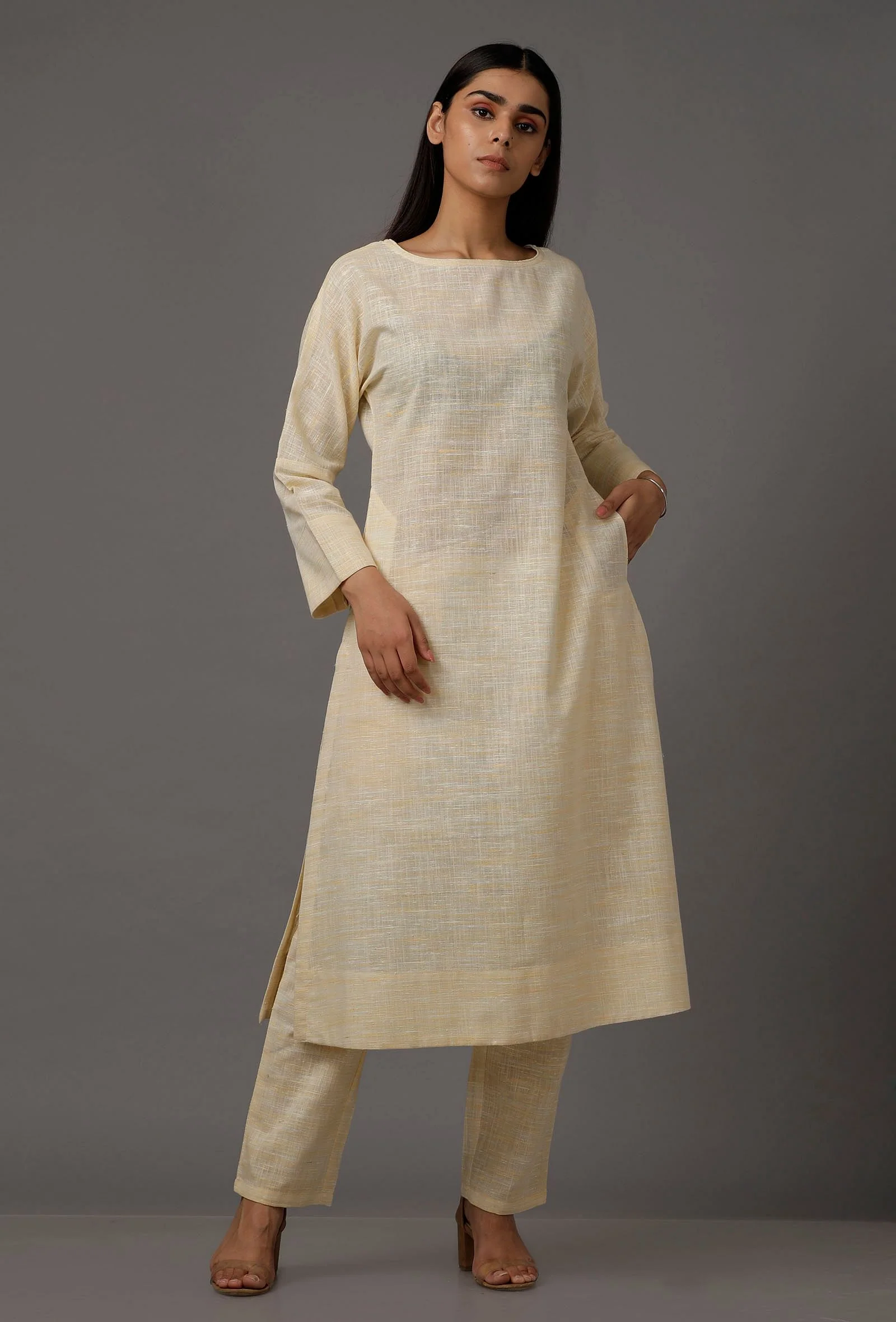 Set of 2: White Pure Woven Cotton Kurta and Pants - Image 3
