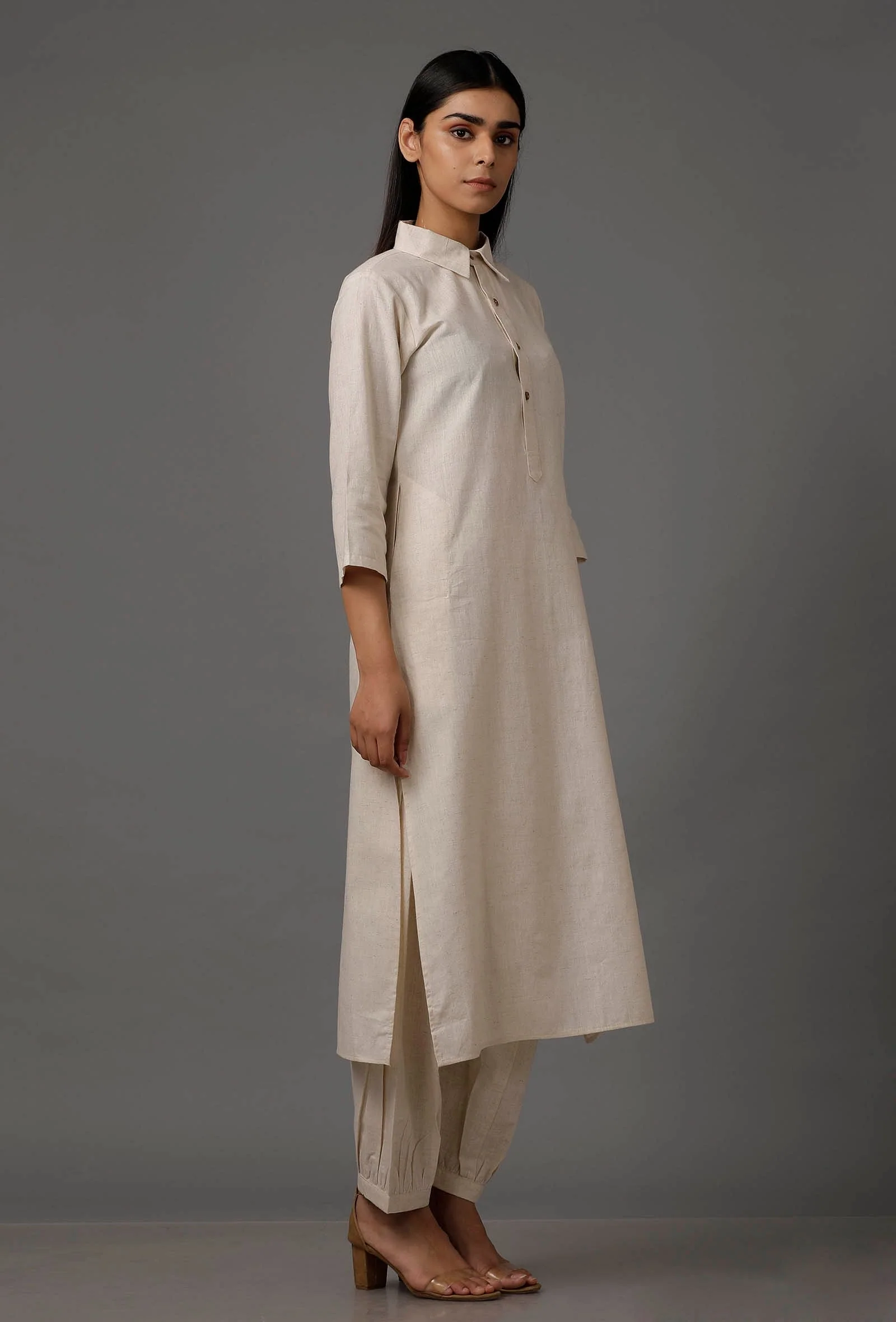 Set of 2: White Pure Woven Cotton Kurta and Pants - Image 4
