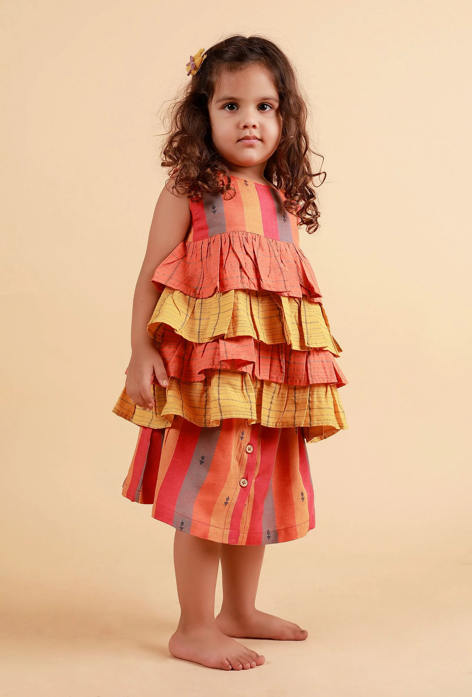 Set of 2:orange Stripe Top With Orange And Multicolor Stripe Skirt - Image 3