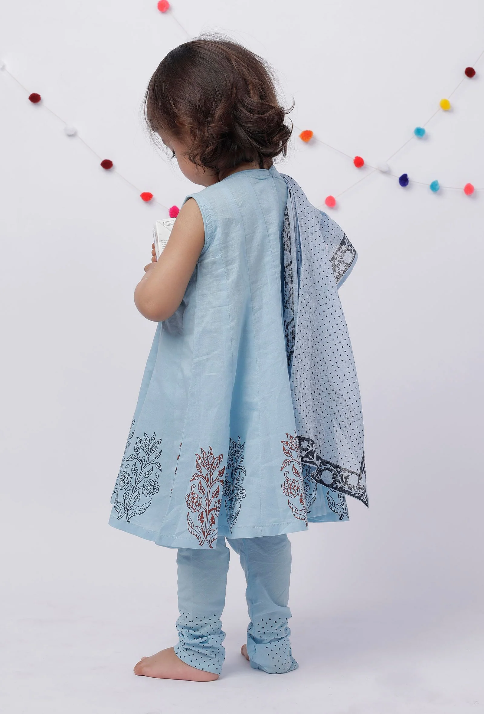 Set of 3: Amaira Candy Blue Handblock Kurta with Cotton Chooridar and Handblock Dupatta - Image 3