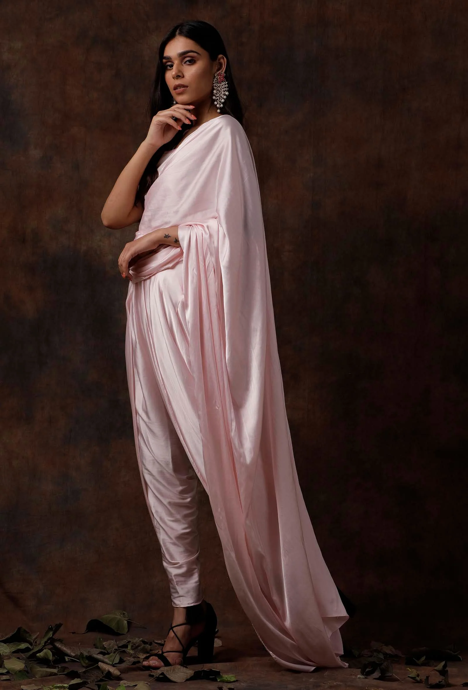 Set of 3 : Baby Pink Slip Blouse with Dhoti and Detatchable Drape - Image 3