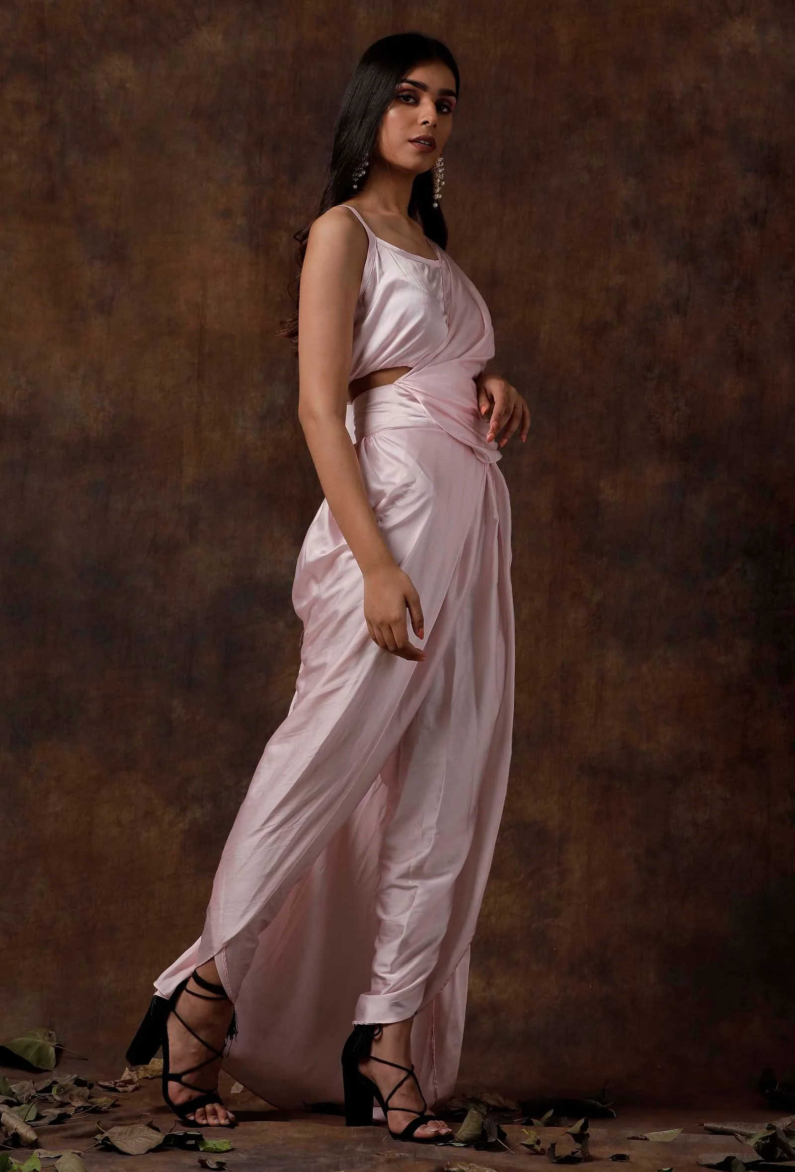 Set of 3 : Baby Pink Slip Blouse with Dhoti and Detatchable Drape - Image 4