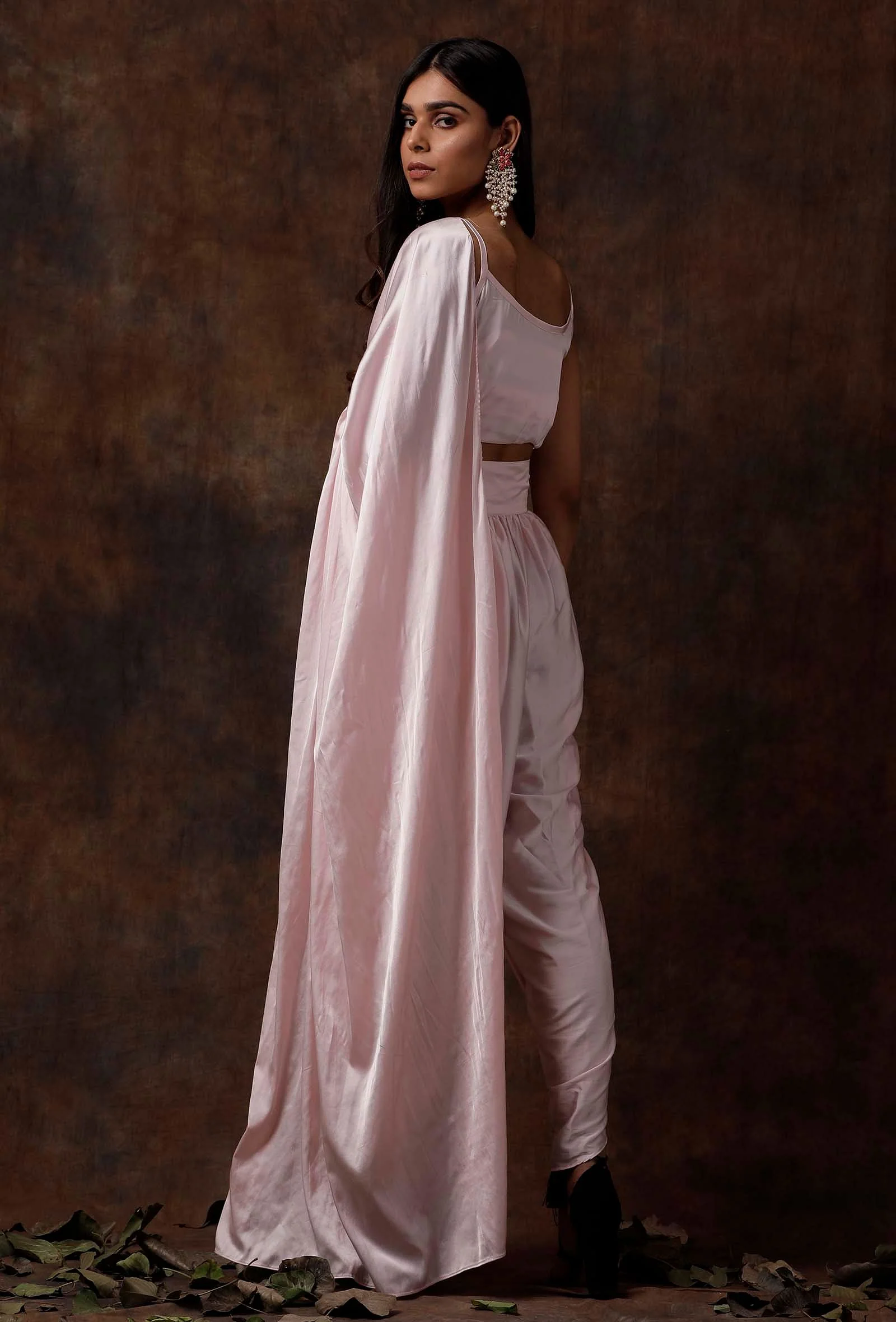 Set of 3 : Baby Pink Slip Blouse with Dhoti and Detatchable Drape - Image 5