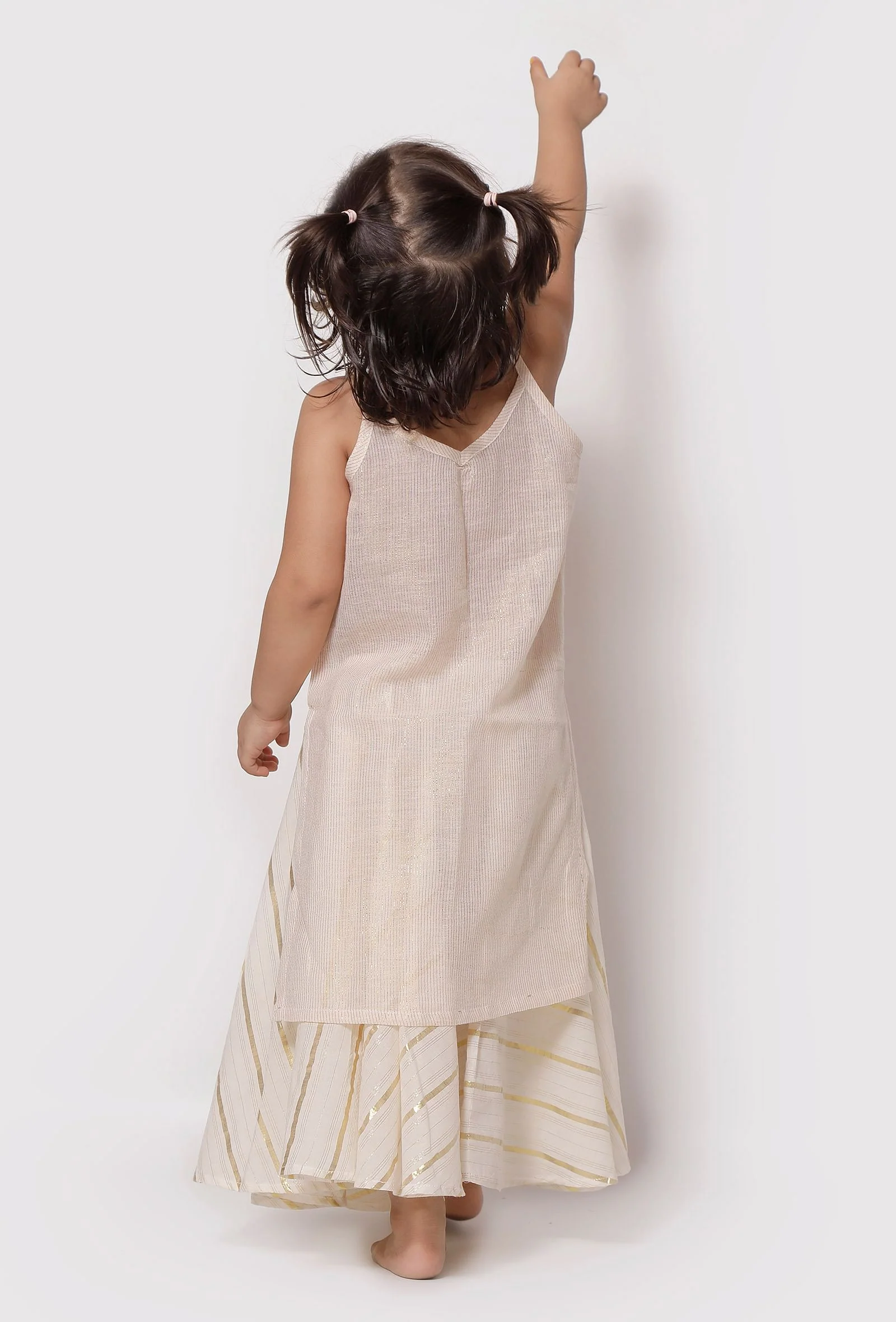 Set of 3 - Gold White Malmal Slip With Gold Stripes Skirt and Dupatta - Image 3