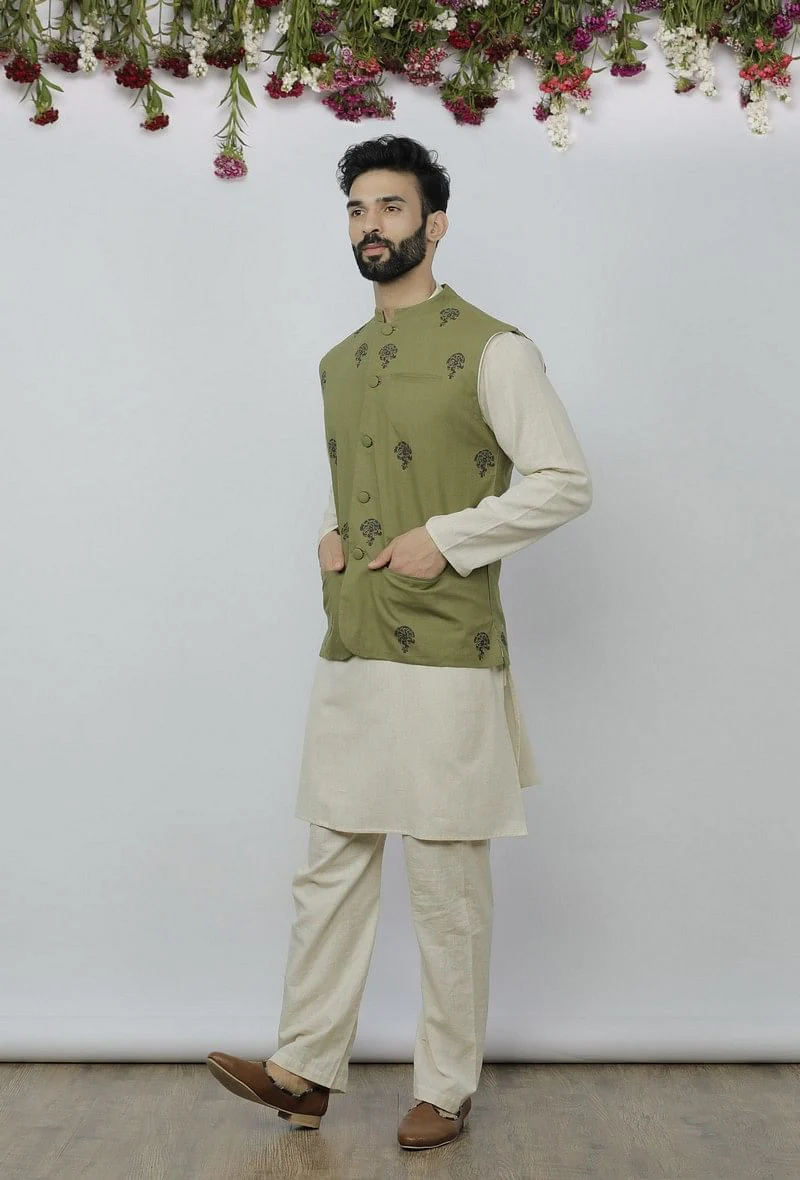 Set of 3 - Safeda Cotton Kurta & Pyjama with Olive Green Nehru Jacket - Image 3