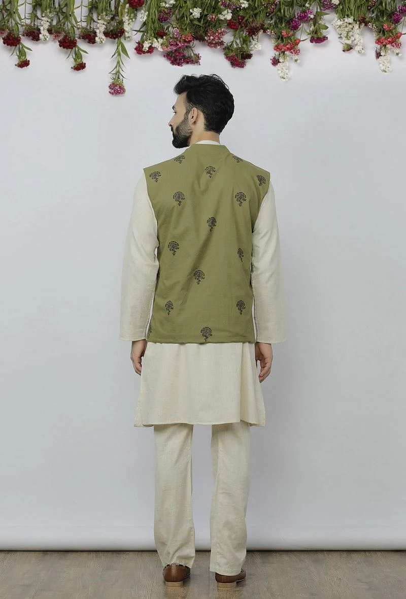 Set of 3 - Safeda Cotton Kurta & Pyjama with Olive Green Nehru Jacket - Image 4