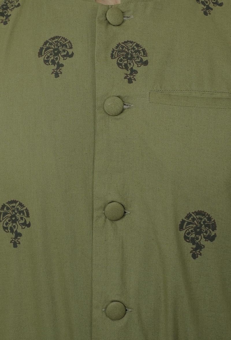 Set of 3 - Safeda Cotton Kurta & Pyjama with Olive Green Nehru Jacket - Image 5