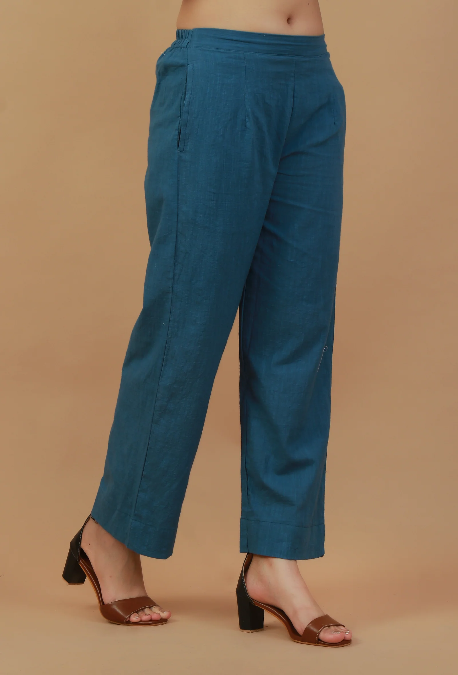 Solid Teal Blue Cotton Straight Pant - Image 3
