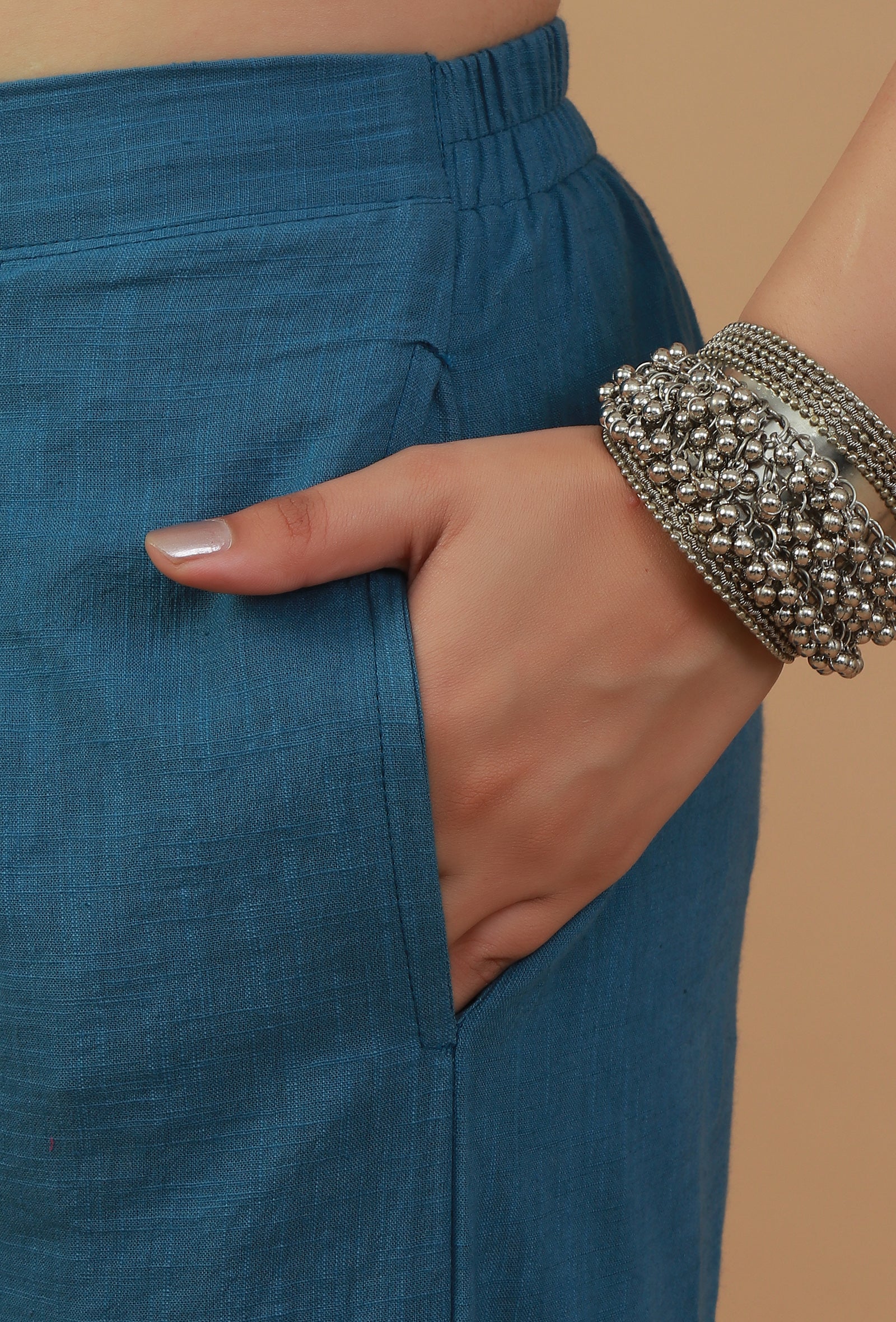 Solid Teal Blue Cotton Straight Pant - Image 4