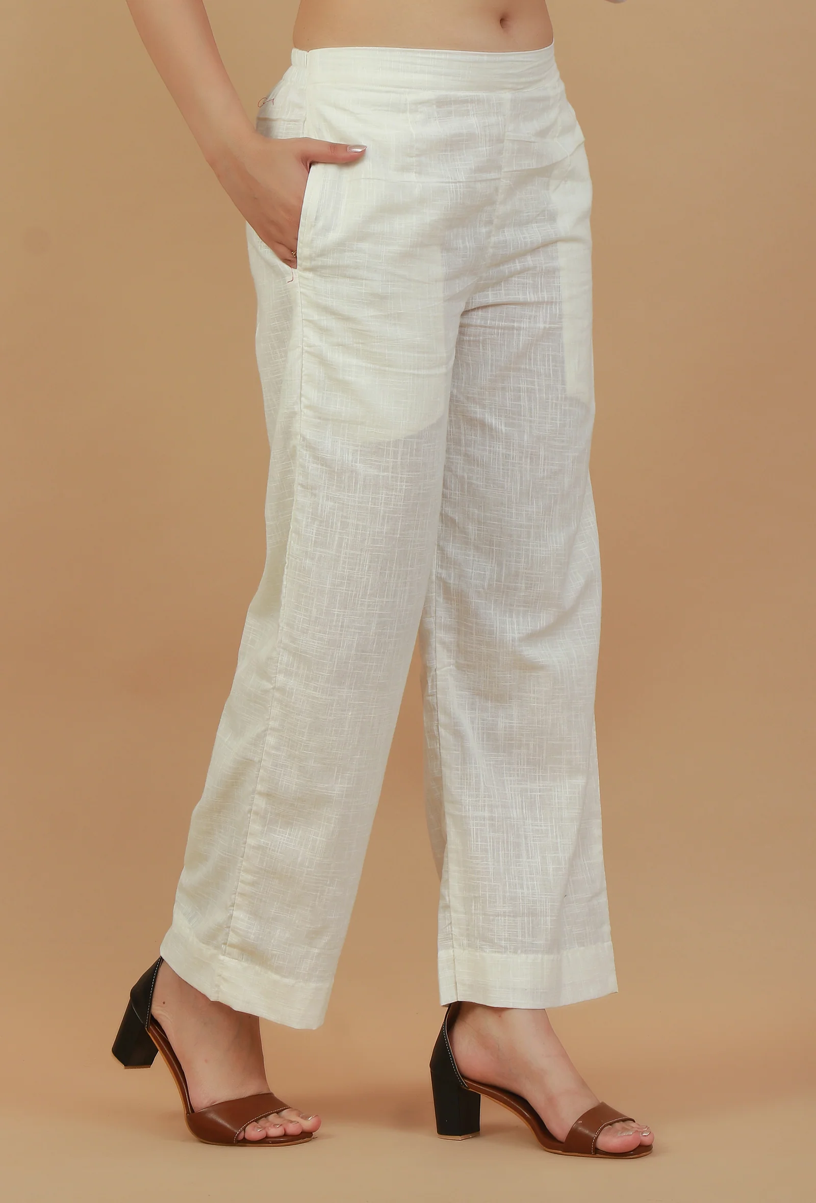 Solid White Straight Cotton Pants - Image 3