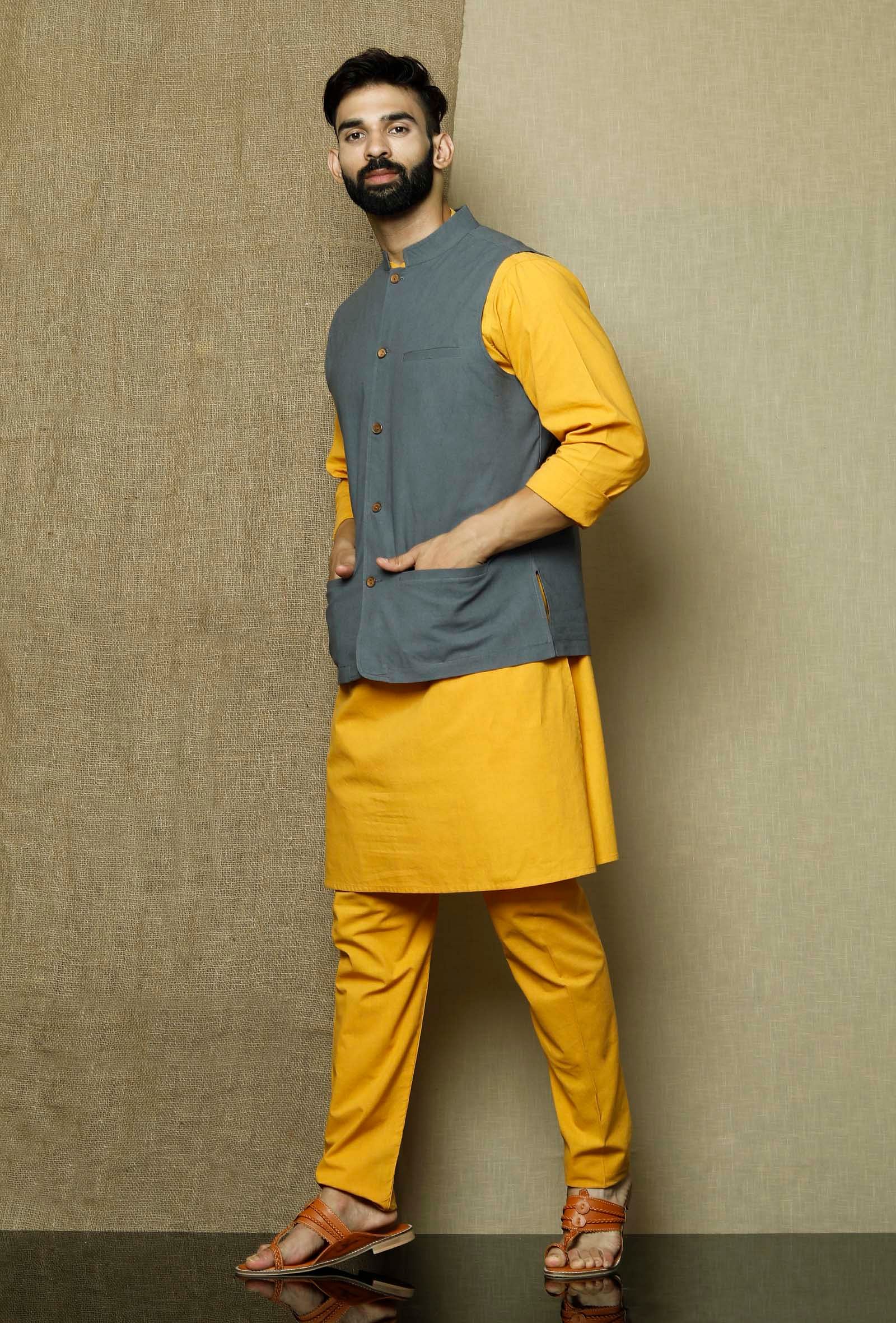 Stone Grey  Cotton Nehru Jacket - Image 3