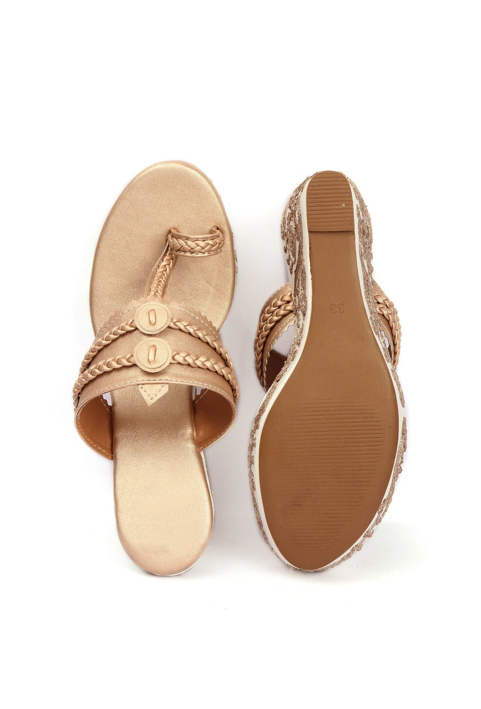 Varnika Golden Hand Embroidered Braided One Toe Wedges - Image 3