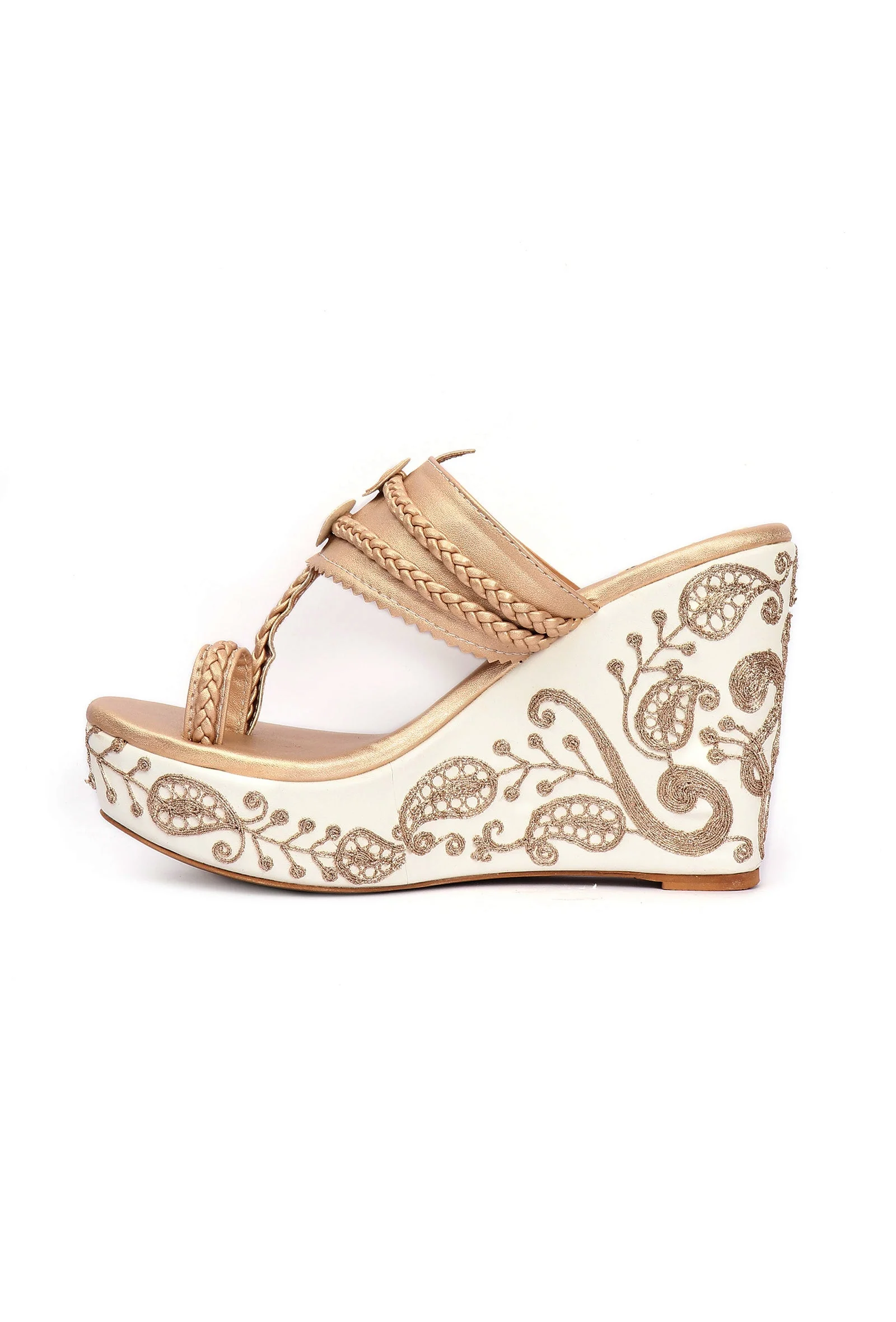 Varnika Golden Hand Embroidered Braided One Toe Wedges - Image 4