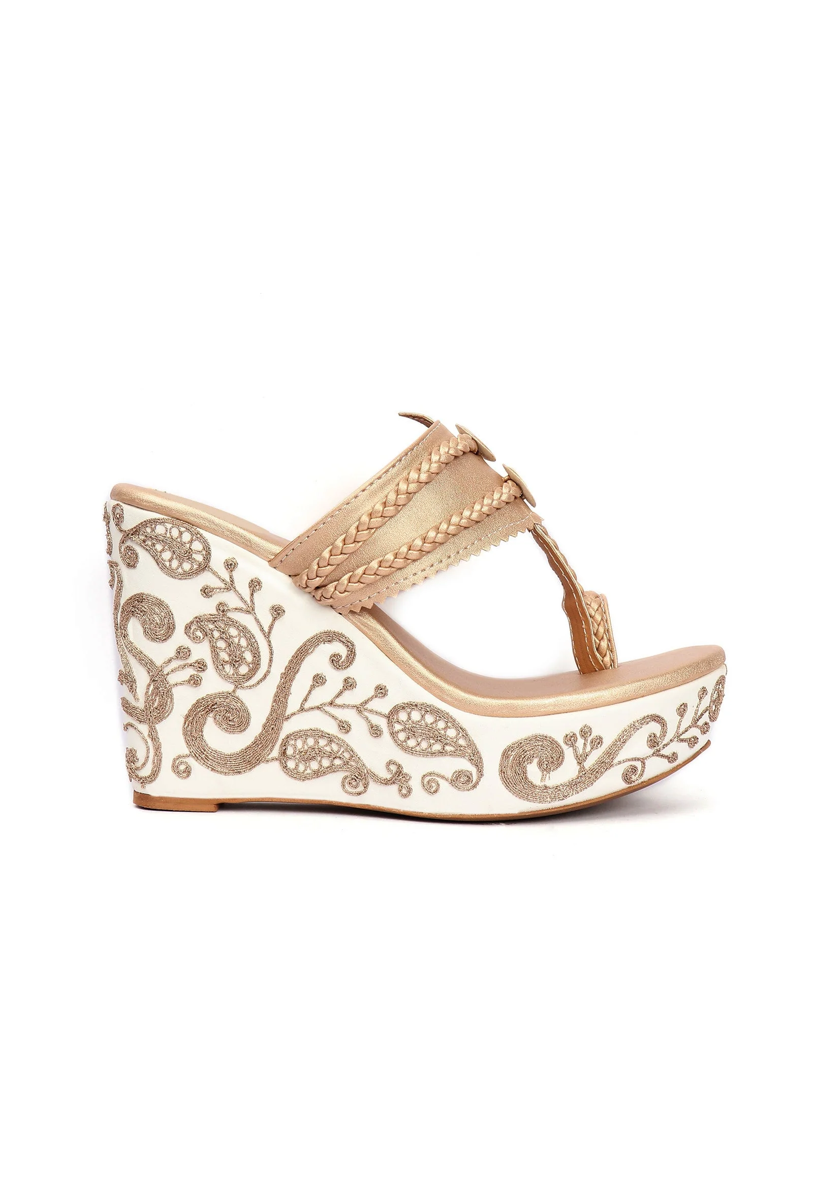 Varnika Golden Hand Embroidered Braided One Toe Wedges - Image 5