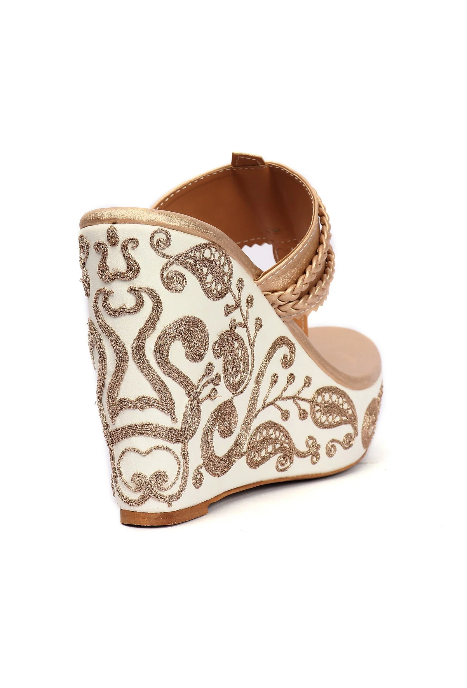 Varnika Golden Hand Embroidered Braided One Toe Wedges - Image 6