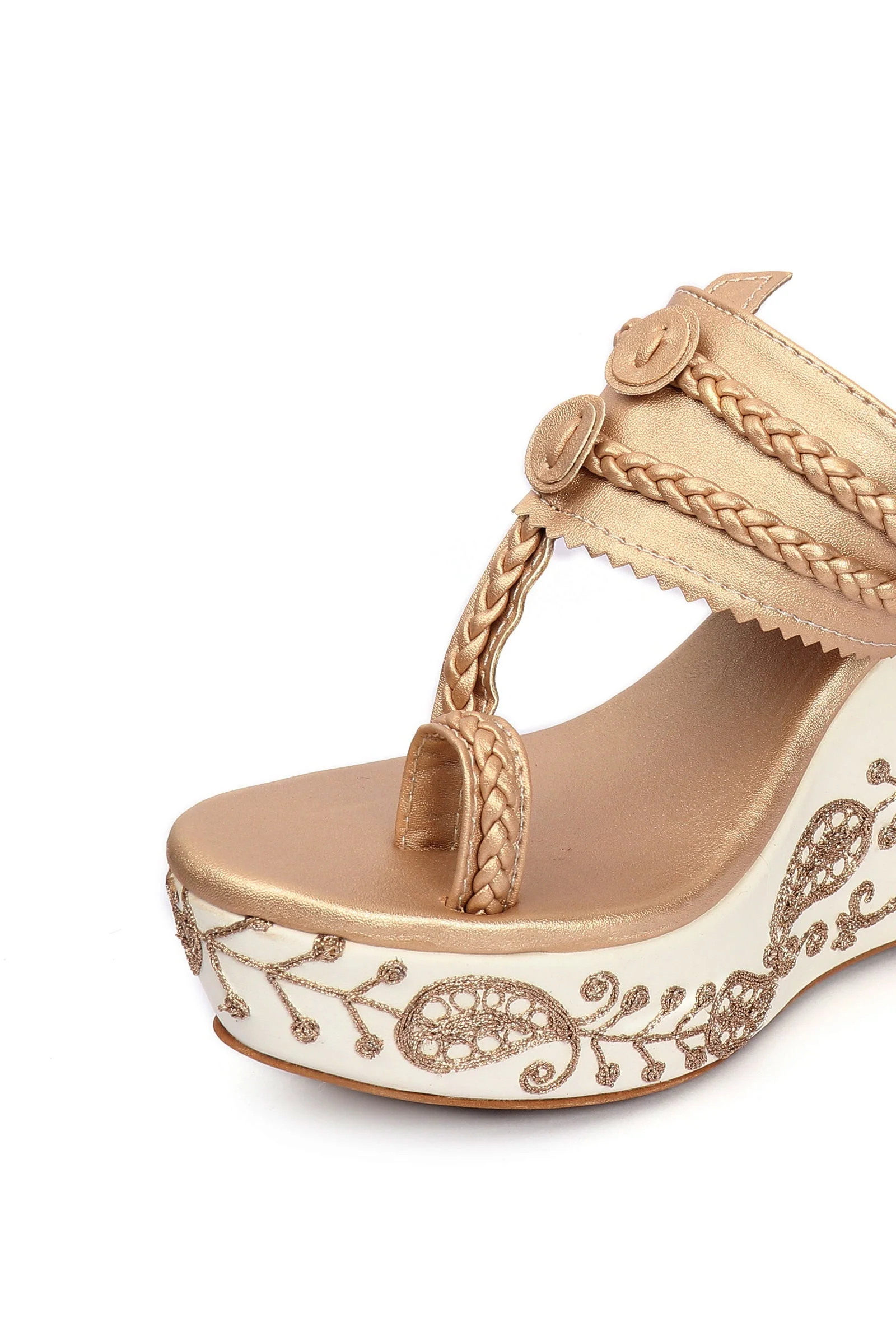 Varnika Golden Hand Embroidered Braided One Toe Wedges - Image 7