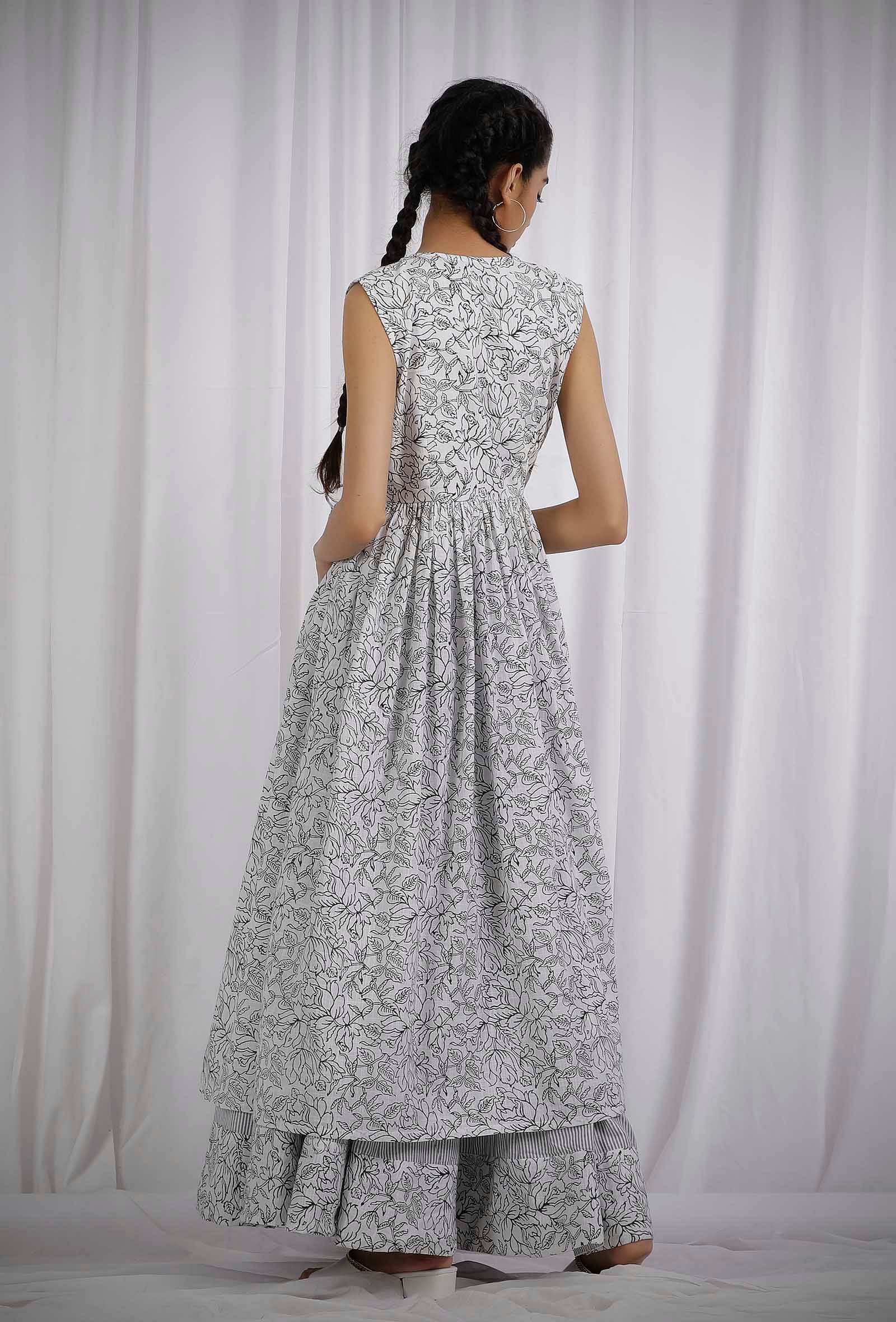 White and Black Cotton Slub Angrakha Printed Kurta - Image 3