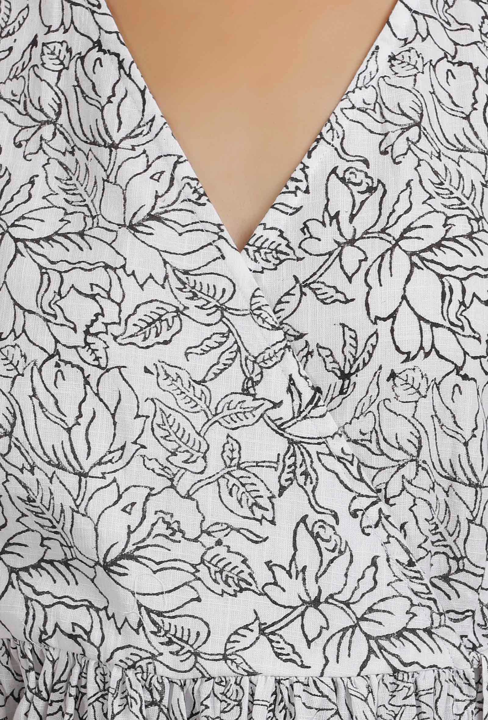 White and Black Cotton Slub Angrakha Printed Kurta - Image 4