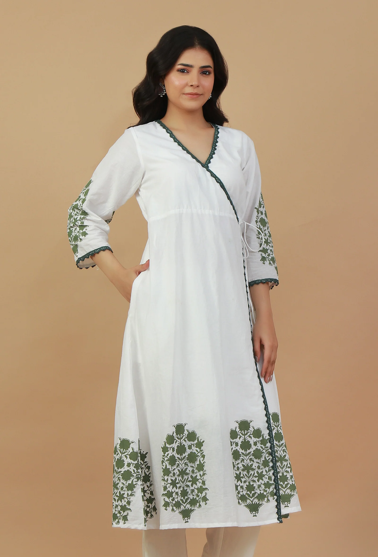 White & Green Block Printed Wrap Kurta - Image 3