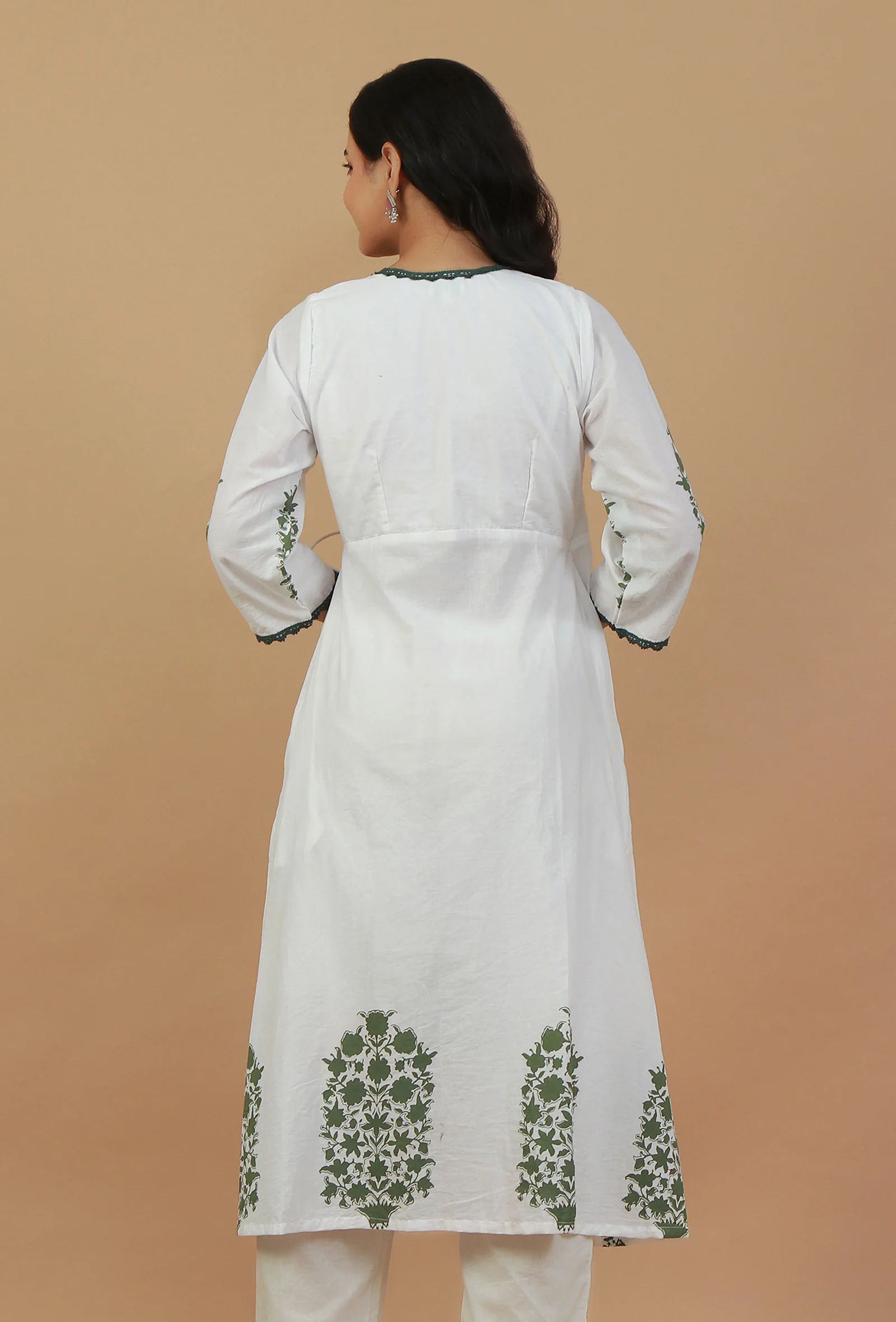 White & Green Block Printed Wrap Kurta - Image 4