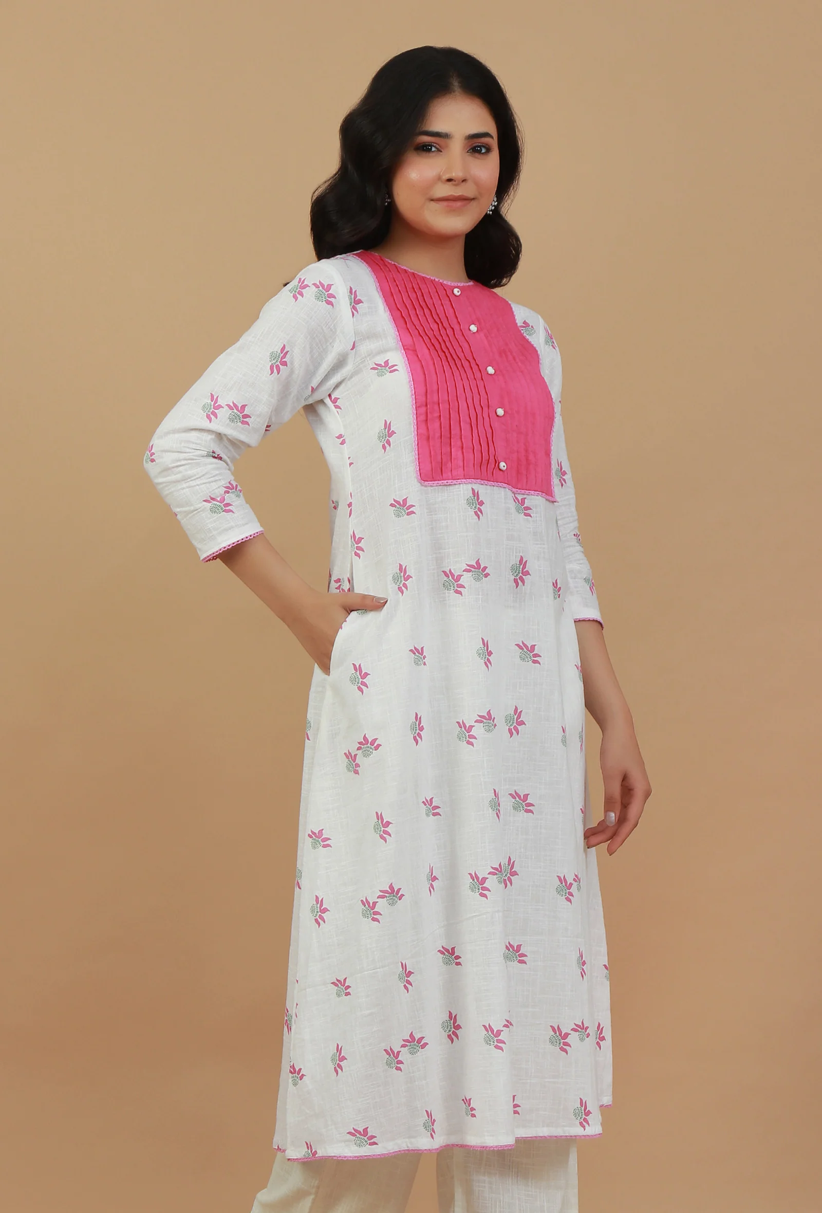 White & Pink Hand Block Printed Kurta with Pleated Yoke - Image 3