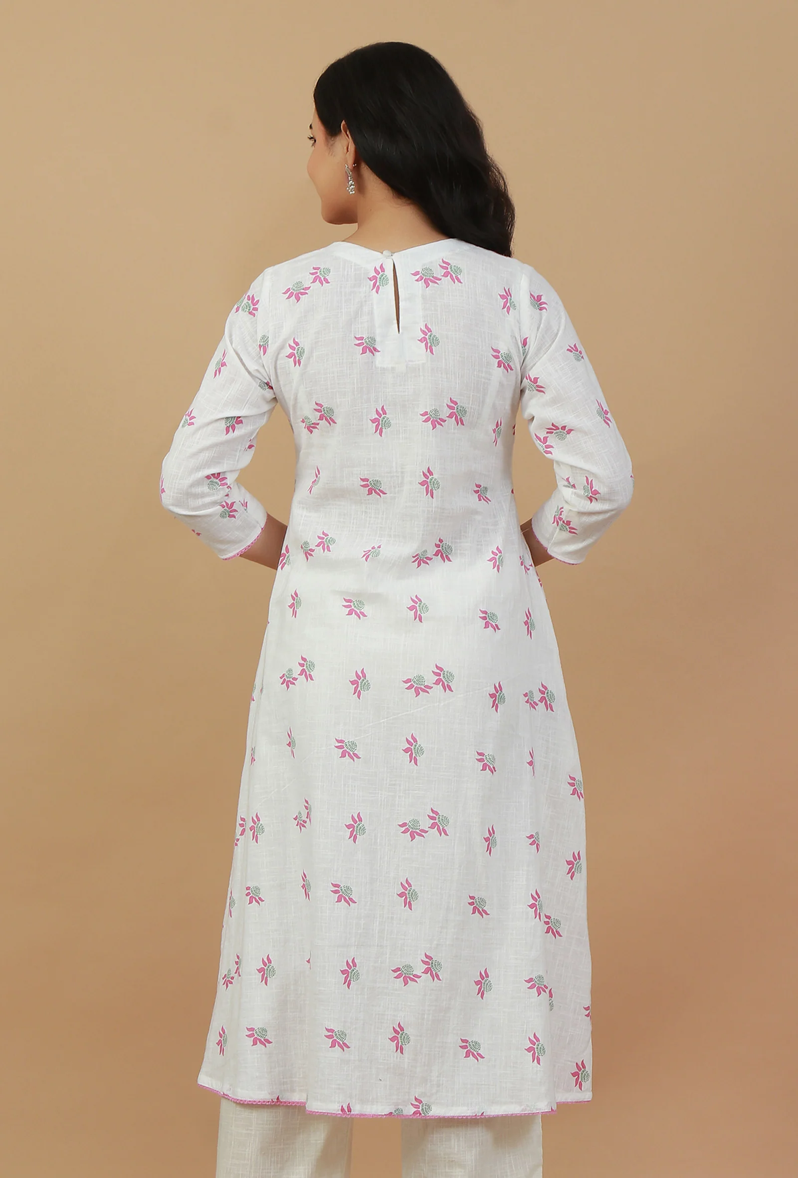 White & Pink Hand Block Printed Kurta with Pleated Yoke - Image 4