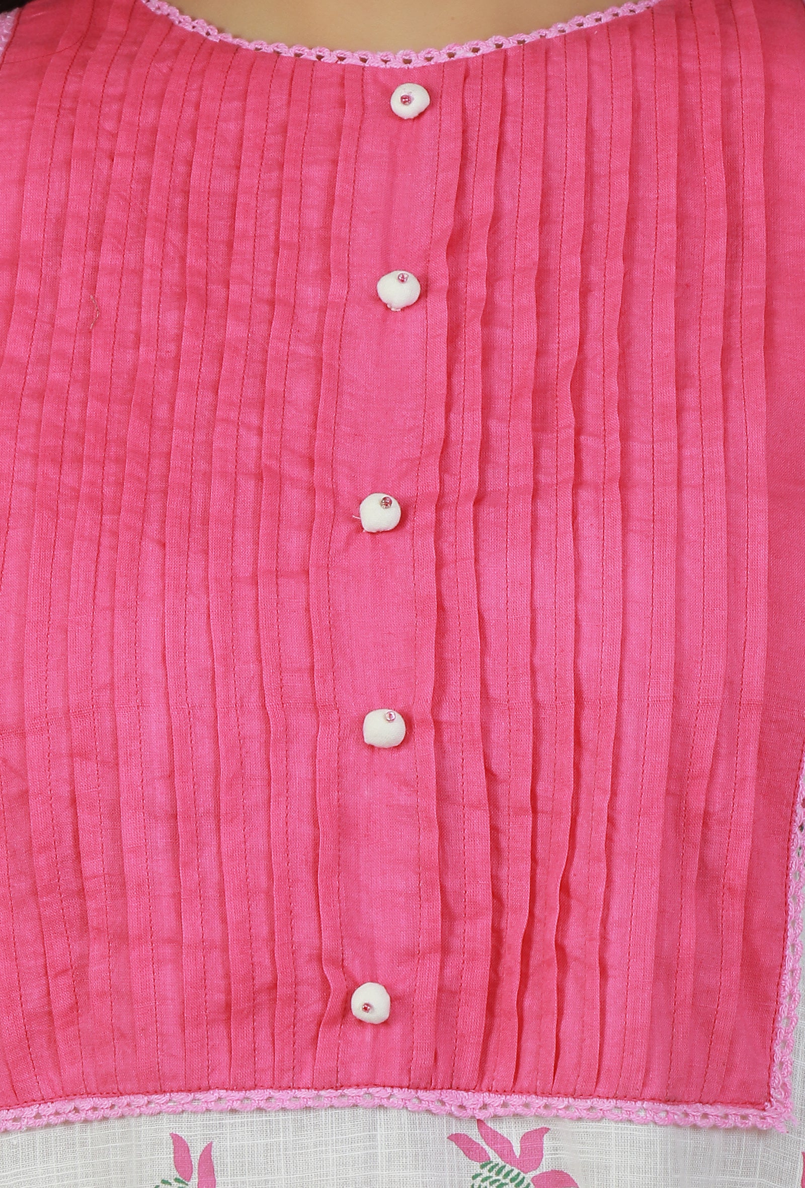 White & Pink Hand Block Printed Kurta with Pleated Yoke - Image 5