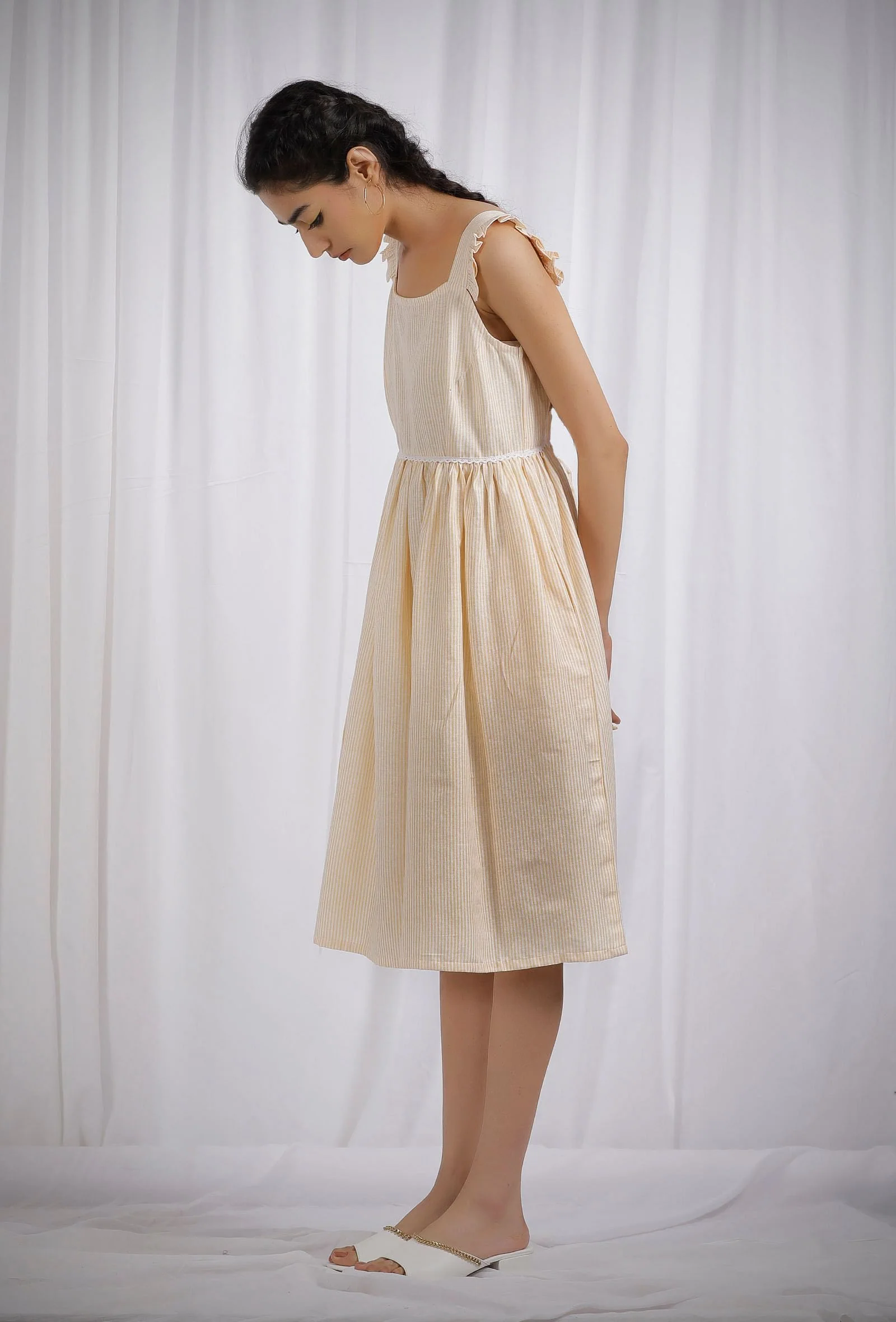 Yellow Cotton Striped Flared Dress - Image 3